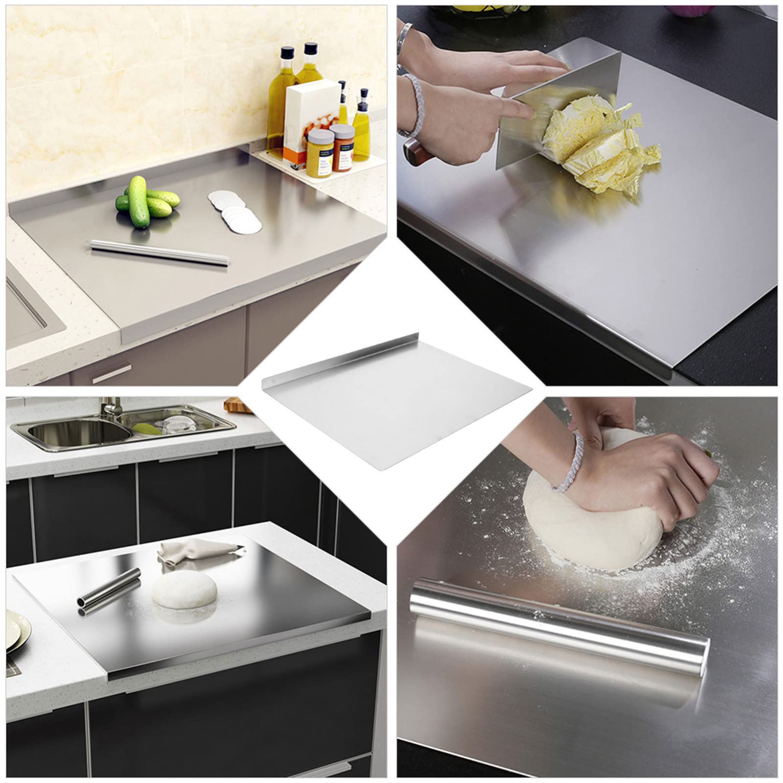 HEMOTON Tabla de Cortar de Cocina de Acero Inoxidable, Tabla de Cortar de Alimentos, Tabla de Hornear (Plata)