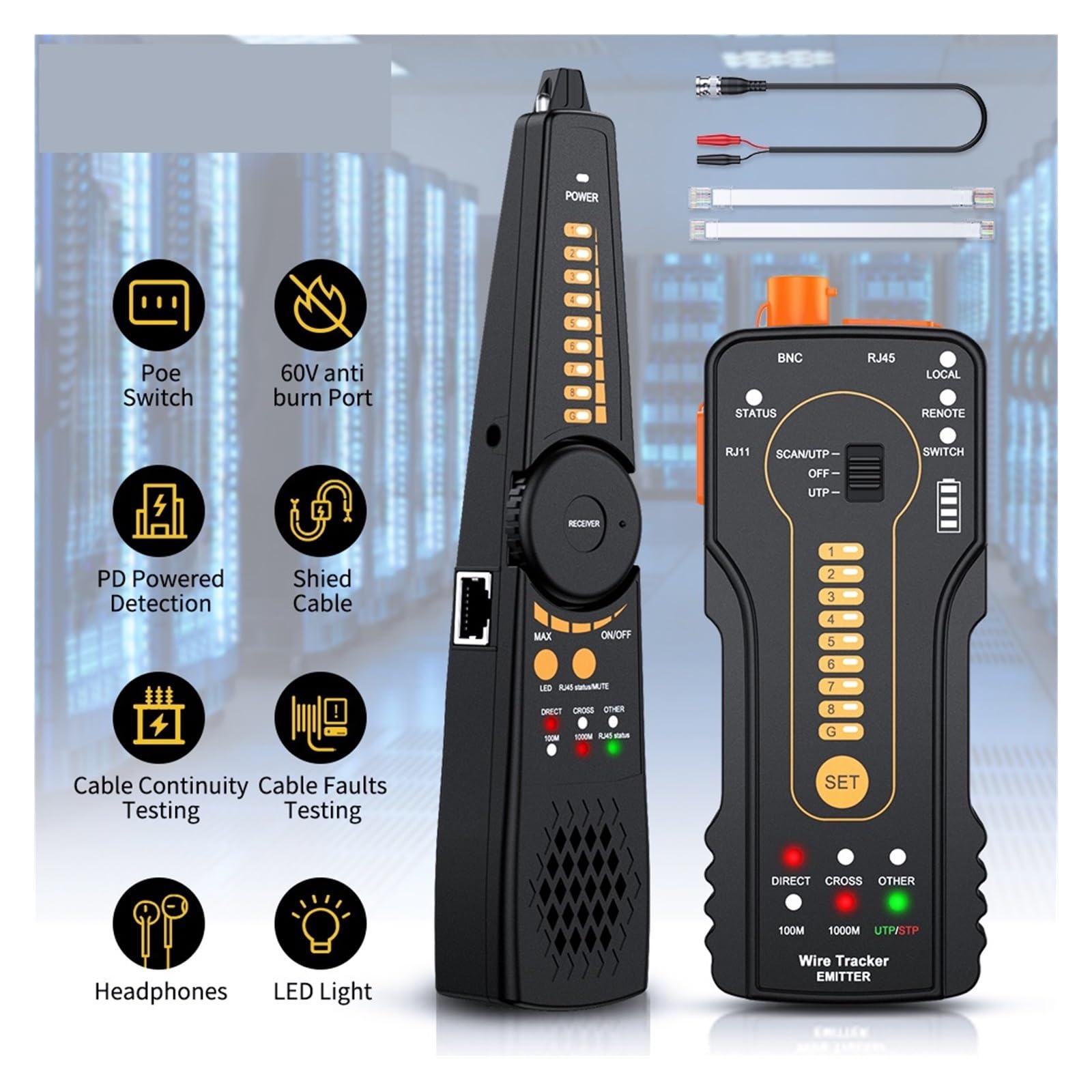 Netzwerkkabel-Tracer, RJ11, RJ45-Kabeltester for Telefon, Ethernet-Kurzschlusstest, Kabel-Tracker Mit LED-Licht Leicht Und Tragbar