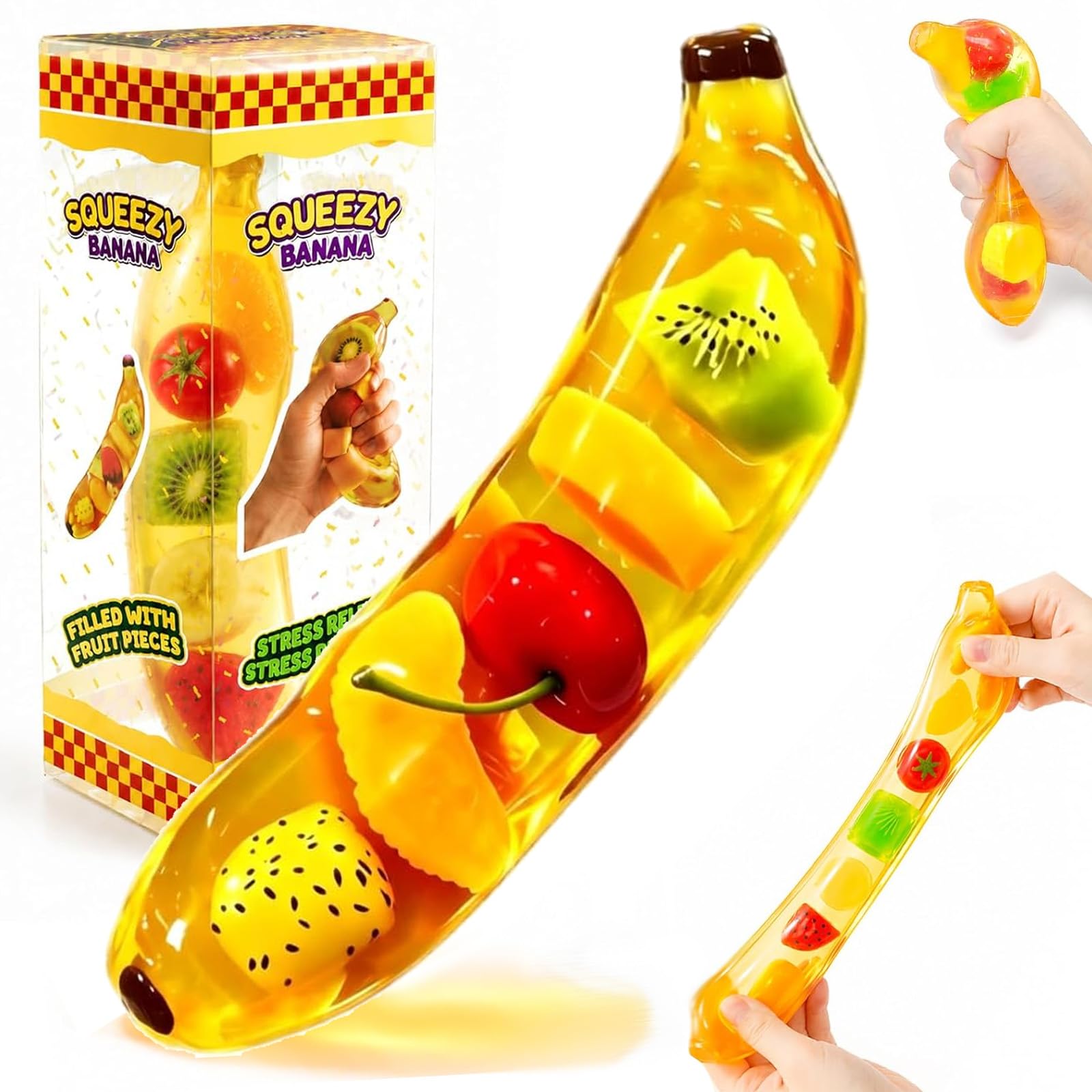 Banana Squishy, Transparent Squeeze Fidget Toy with Mixed Fruit Inclusion