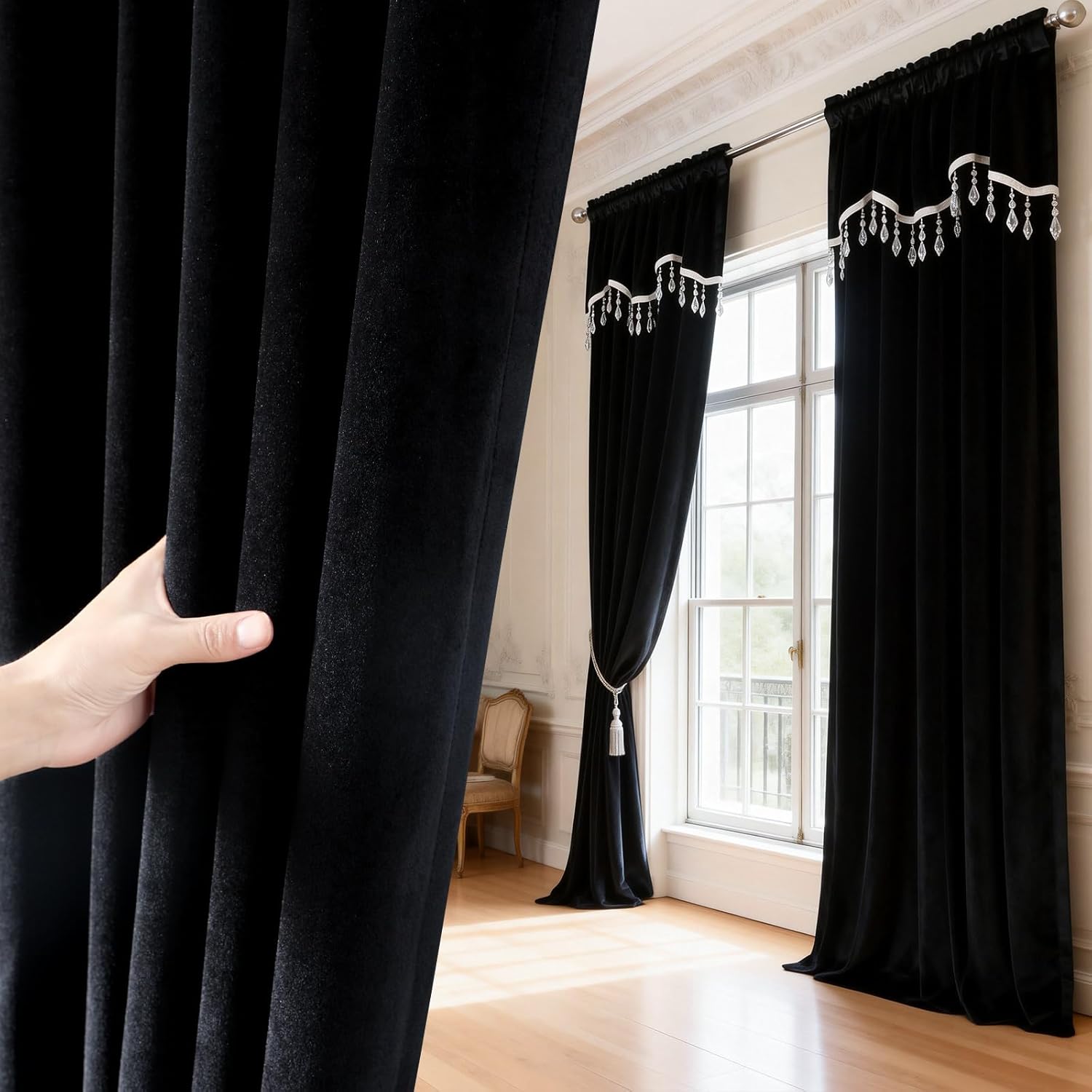 Leeva Long Black Velvet Curtains with Delicate Accent Trim, Smooth Silky Texture & Gentle Light Softening, Classic Rod Pocket Window Drapery, 52×106