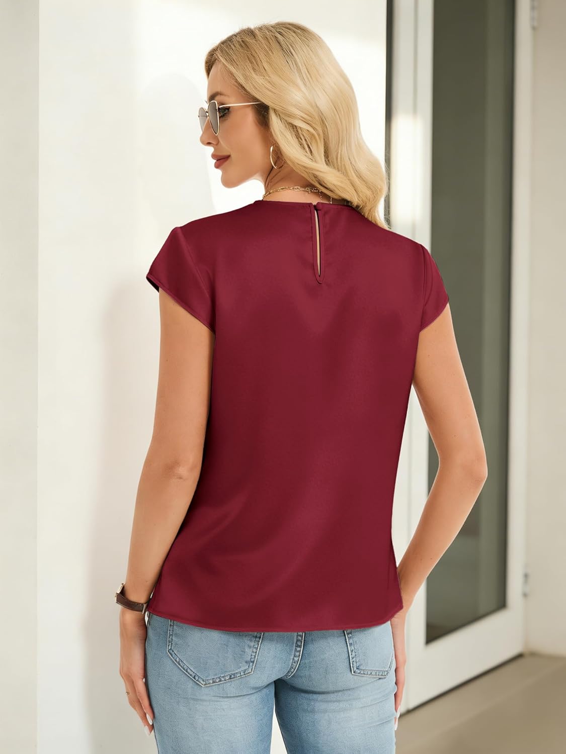 Funlingo Women's Silk Satin Blouse Summer Dressy Casual Cap Short Sleeve Tops Crew Neck Front Pleated Work Shirts - Image 4