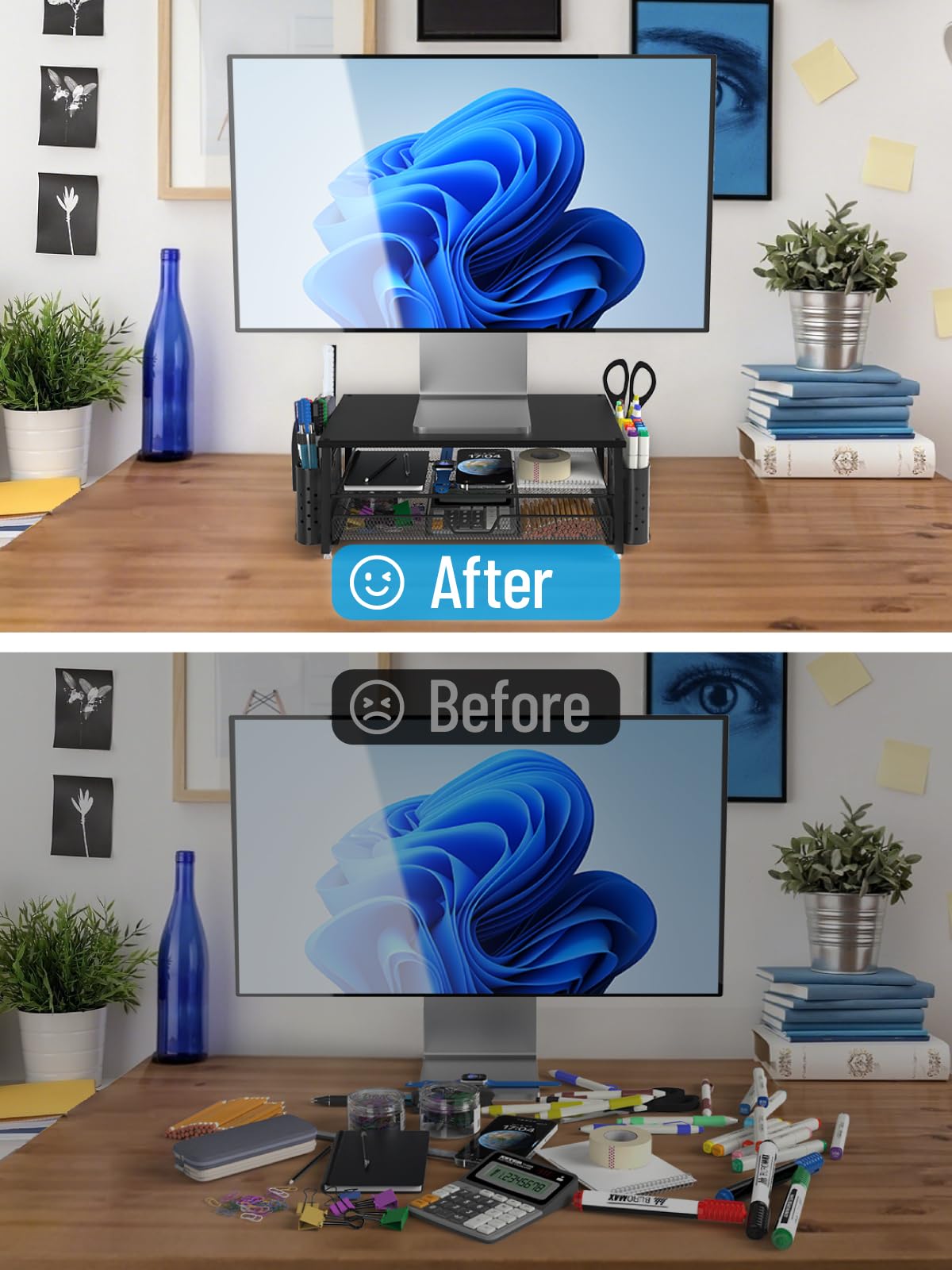 MOWETOO Soporte para monitor con 2 niveles, soporte para impresora, soporte para monitor con plataforma de rejilla, cajón y soporte para bolígrafos, adecuado para portátiles, ordenadores, PC — view 2