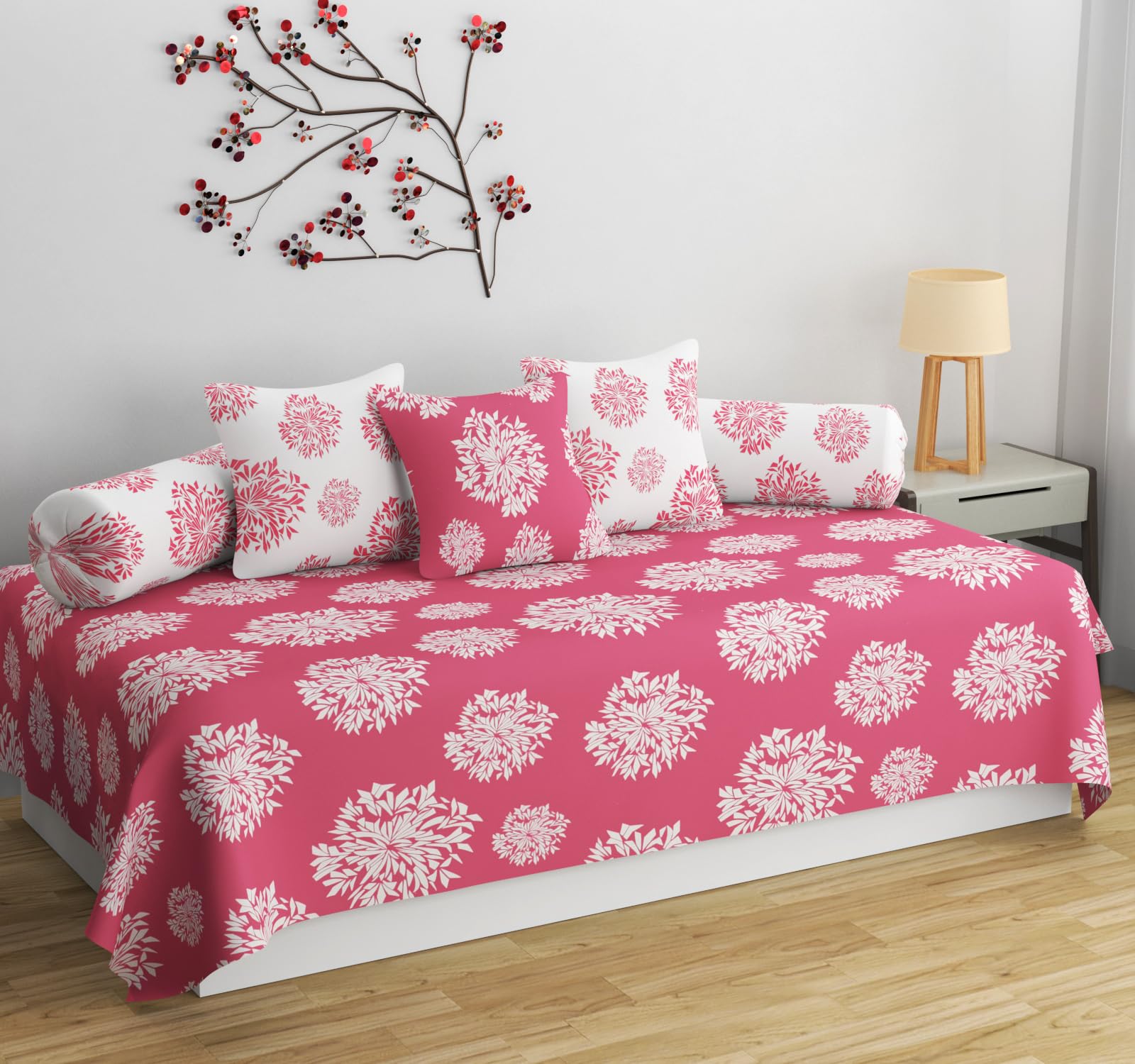 HIDECOR Supersoft diwan Set for Living Room, diwan Set Covers Cotton, diwan Set 6 Pieces (1 Single Bedsheet, 3 Cushion Covers, 2 Bolster Covers Mauva)