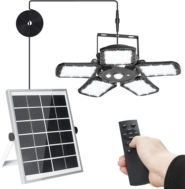 Solar Pendant Lights 5-Leaf IP65 160 LEDs Upgrade Solar Shed Light Indoor Motion Sensor Lights Ceiling Shed Light for Yard Garage Gazebo Remote Controller