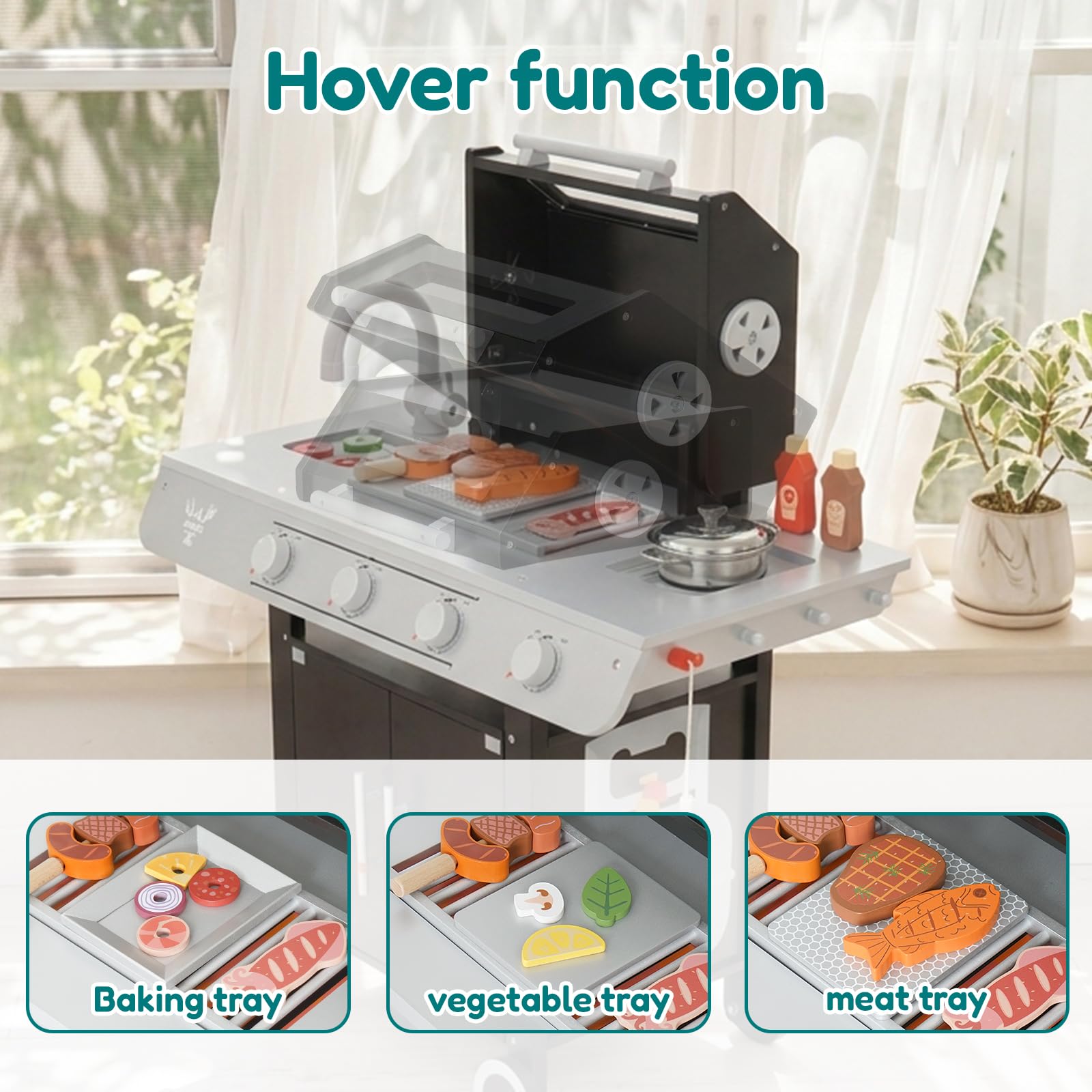 EDUBEBO Drewniany grill do zabawy, zestaw do grillowania dla dzieci z zabawkami w postaci jedzenia i narzędziami do grillowania – certyfikat FSC, akcesoria do zabawy w kuchnię dla małych dzieci w wiek