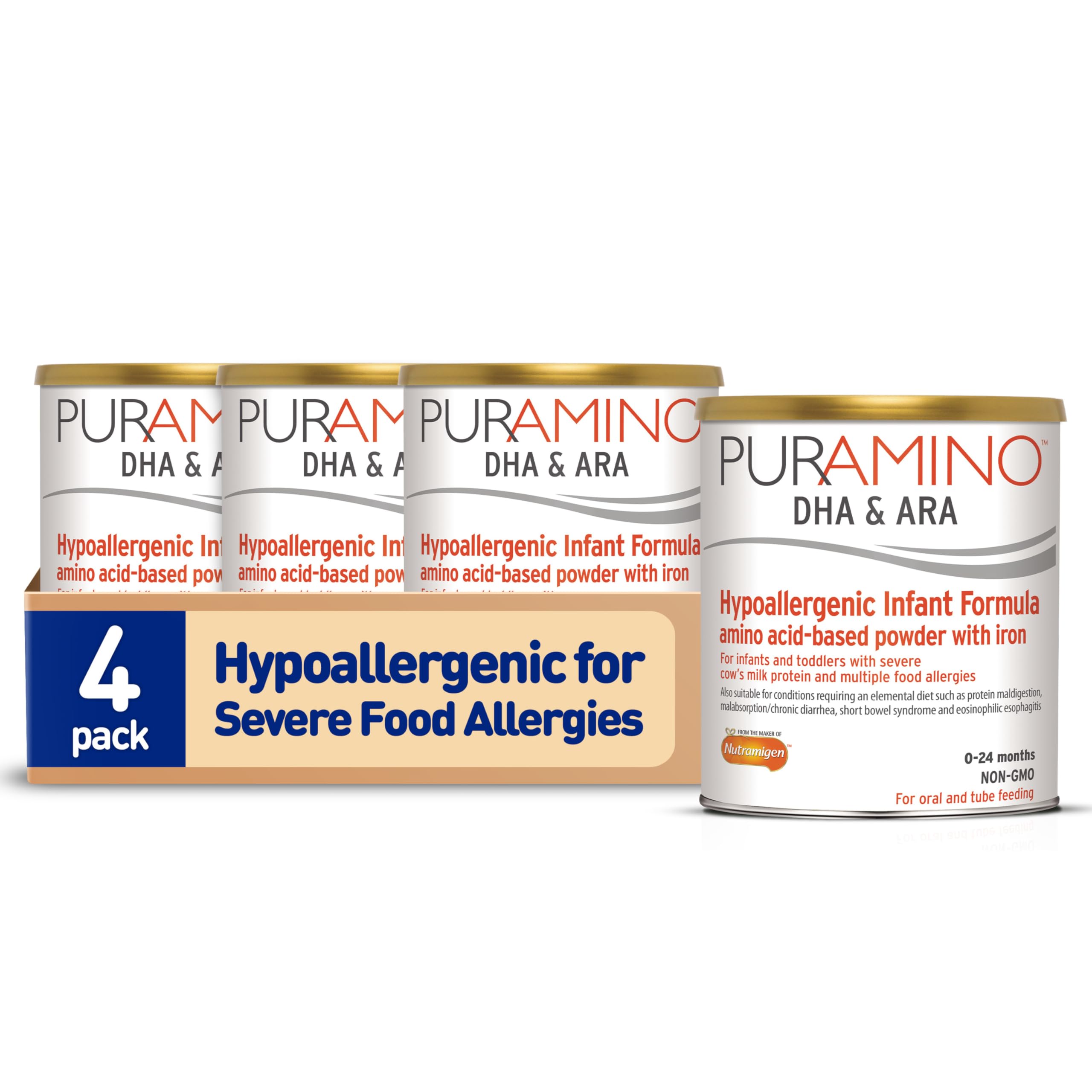 PurAmino Hypoallergenic Infant Drink, for Severe Food Allergies, Omega-3 DHA, Iron, Immune Support, Powder Can, 14.1 Oz (4 Count)