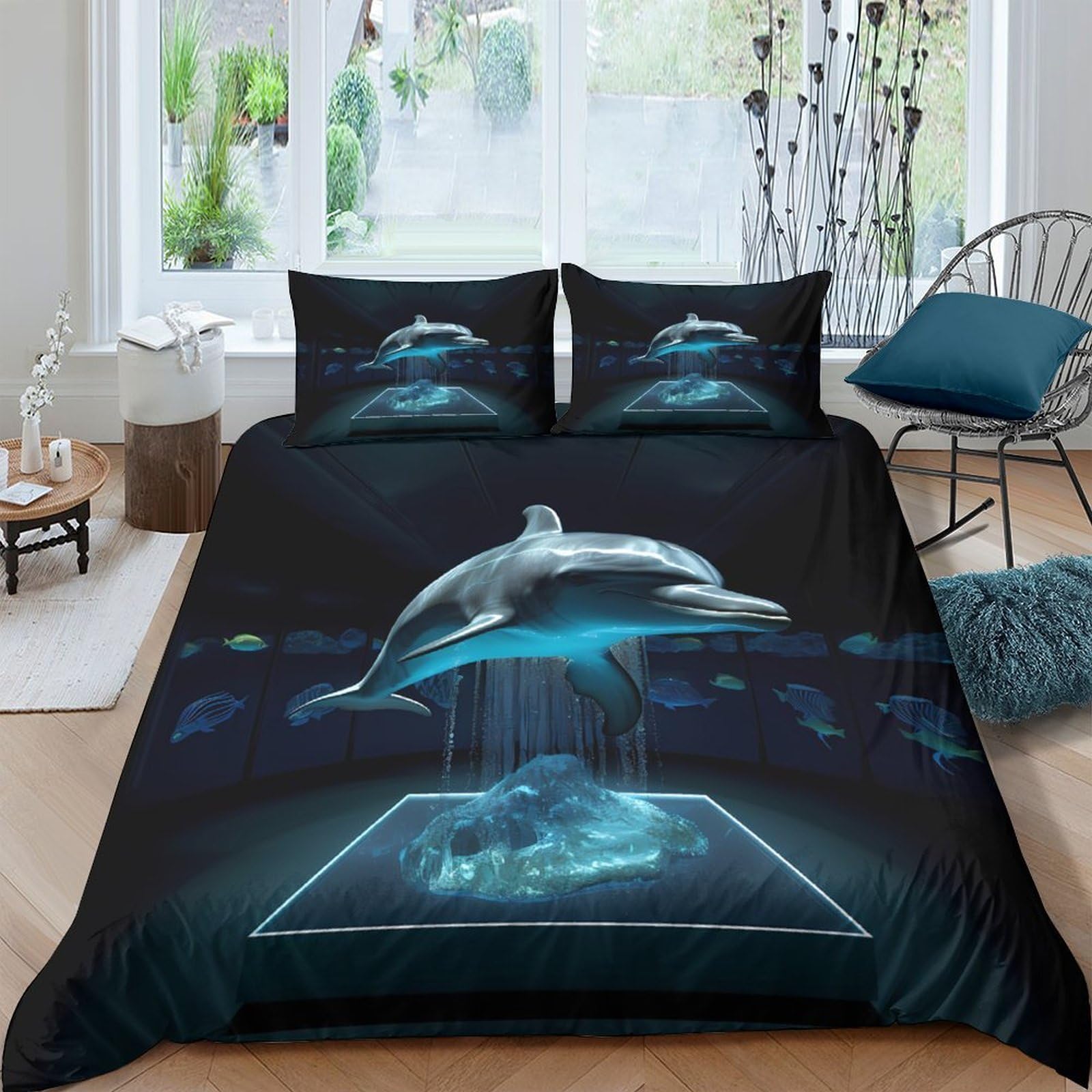 GPLZQXKJNH 3D Printed Dolphin Ocean Duvet Cover Microfiber Soft Breathable Aquarium Bedding Set with 2 Pillowcases for Bedroom Décor Single（135x200cm）