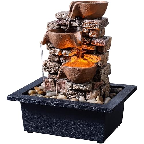 Indoor Tabletop Fountain 3-Tier Rockery Relaxation, Soothing Sound Home/Office/Bed Room Decor,Gifts for Mom/Grandma Relaxing Waterfall Meditation Tabletop Fountain LED Lights