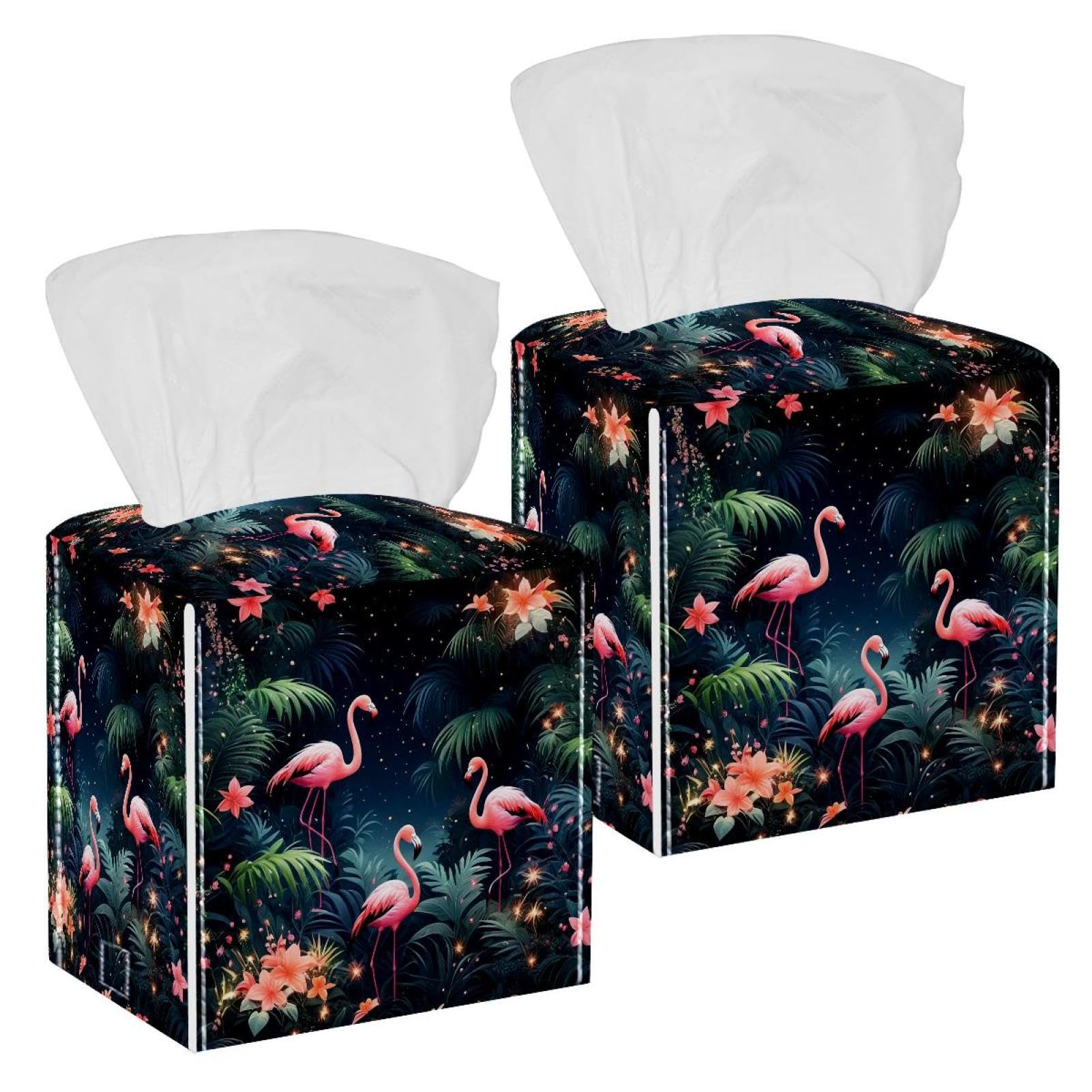 Tropical Jungle Flamingo Tissue Box Cover, 2 Pack PU Leather Square Facial Tissue Dispenser Box holder for Home Office Car
