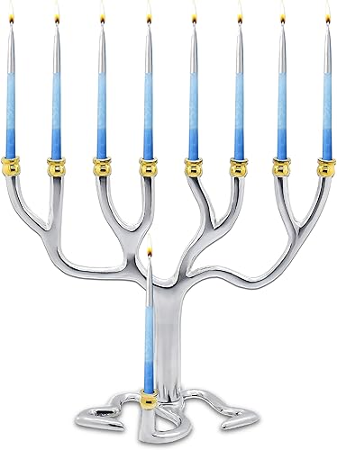 Miniatura 2 de Ner Mitzvah Tree of Life - Menorá de Hanukkah, se adapta a todas las velas estándar de Janucá, menorás modernas de velas cromadas para Janucá, plata