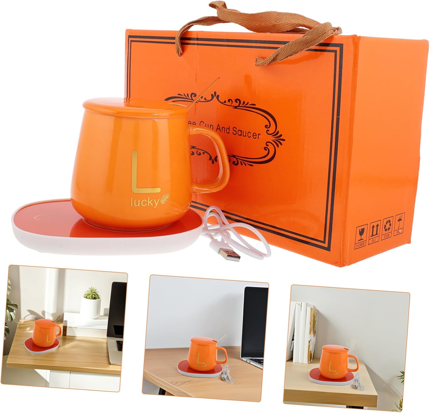1set Electric Lid and Spoon Thermal Mug for Hot Drinks USB Powered Beverage Heating Cup for Office for Christmas and Birthdays