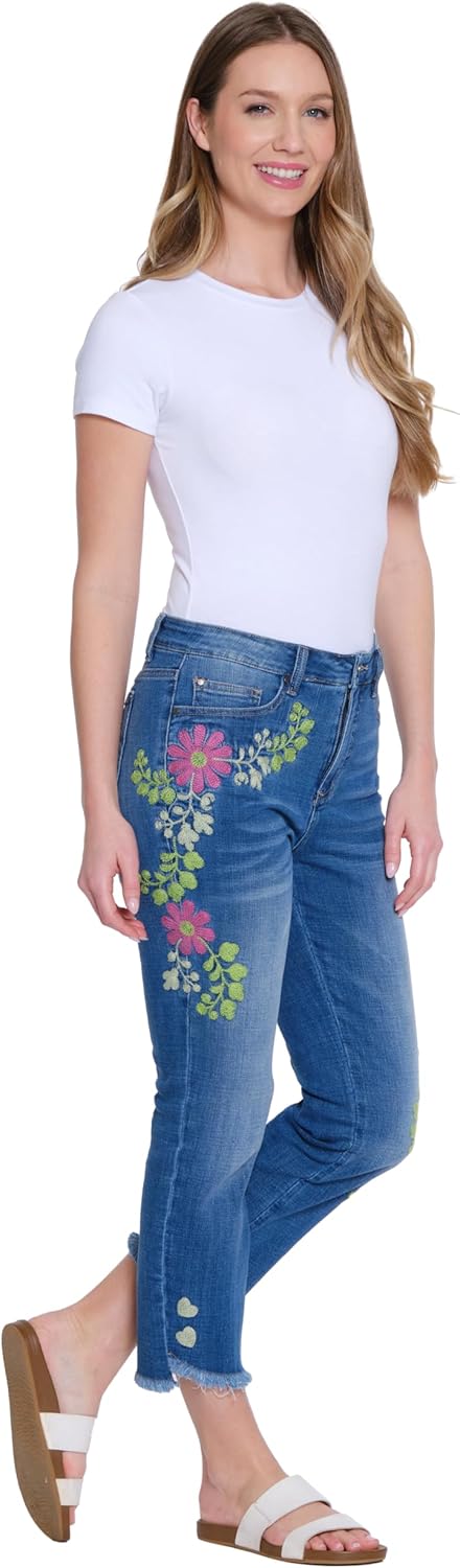 TRU Luxe Womens Asymmetrical Hem Crop Jean with Embroidery - Image 2