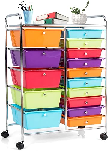 COSTWAY Carrito de almacenamiento con ruedas de 15 cajones organizador de almacenamiento móvil multiusos con cajones extraíbles y marco de metal