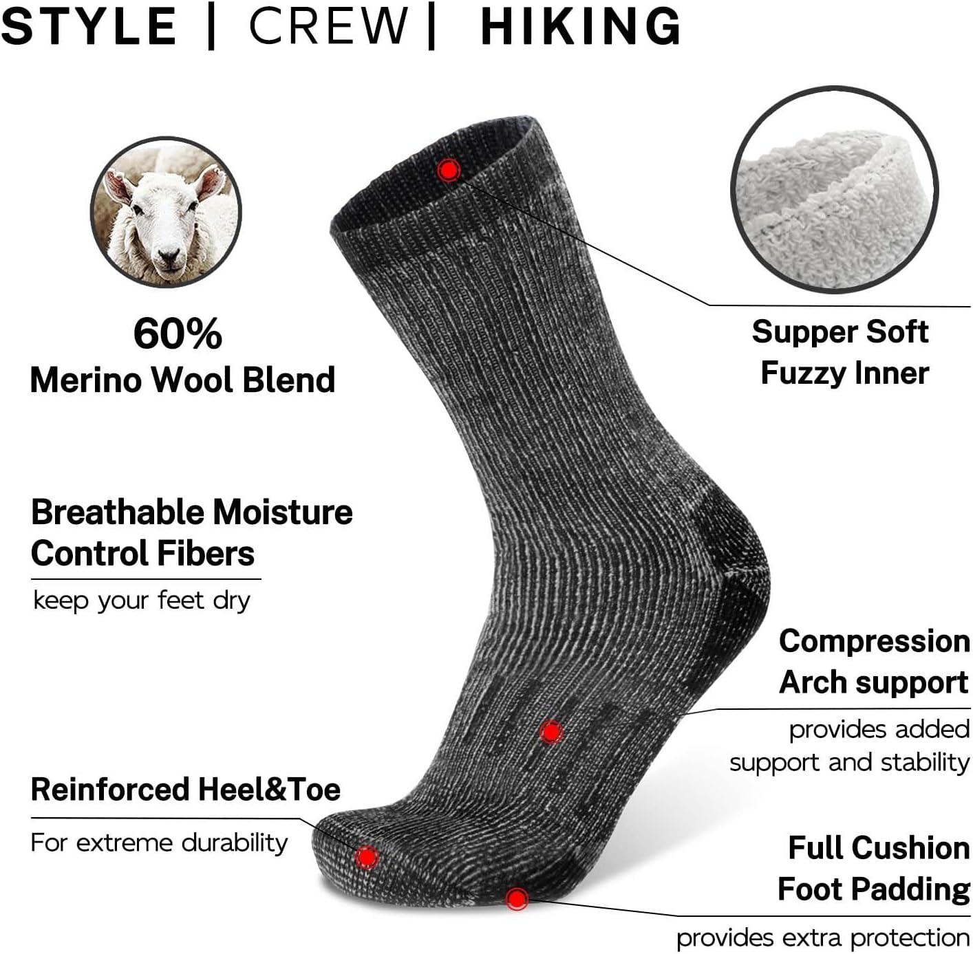 Busy Socks 3 Pack Crew Merino Wool Hiking Socks for Men Women Winter Thick Warm Thermal Cushioned Moisture Wicking Boot Sock - Image 3