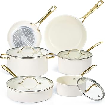 Chef Power Ceramic Cookware Sets, Pots and Pans Set Non Stick 10Pcs, Induction Kitchen Cooking Set with Stainless Steel Handle, Dishware & Oven Safe, Cream White