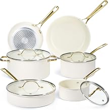 Chef Power Ceramic Cookware Sets, Pots and Pans Set Non Stick 10Pcs, Induction Kitchen Cooking Set with Stainless Steel Handle, Dishware & Oven Safe, Cream White