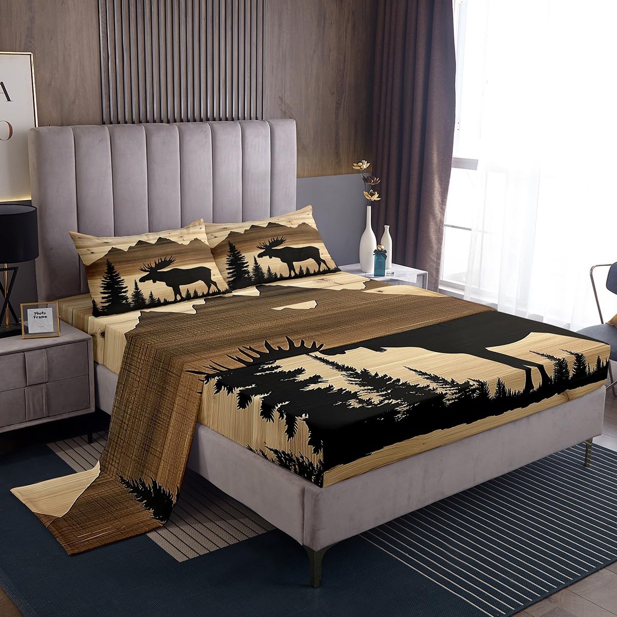 Homewish Juego de sábanas para cama de matrimonio con diseño de ciervo de caza, ropa de cama rústica para cabaña y cabaña, juego de sábanas de 4 piezas