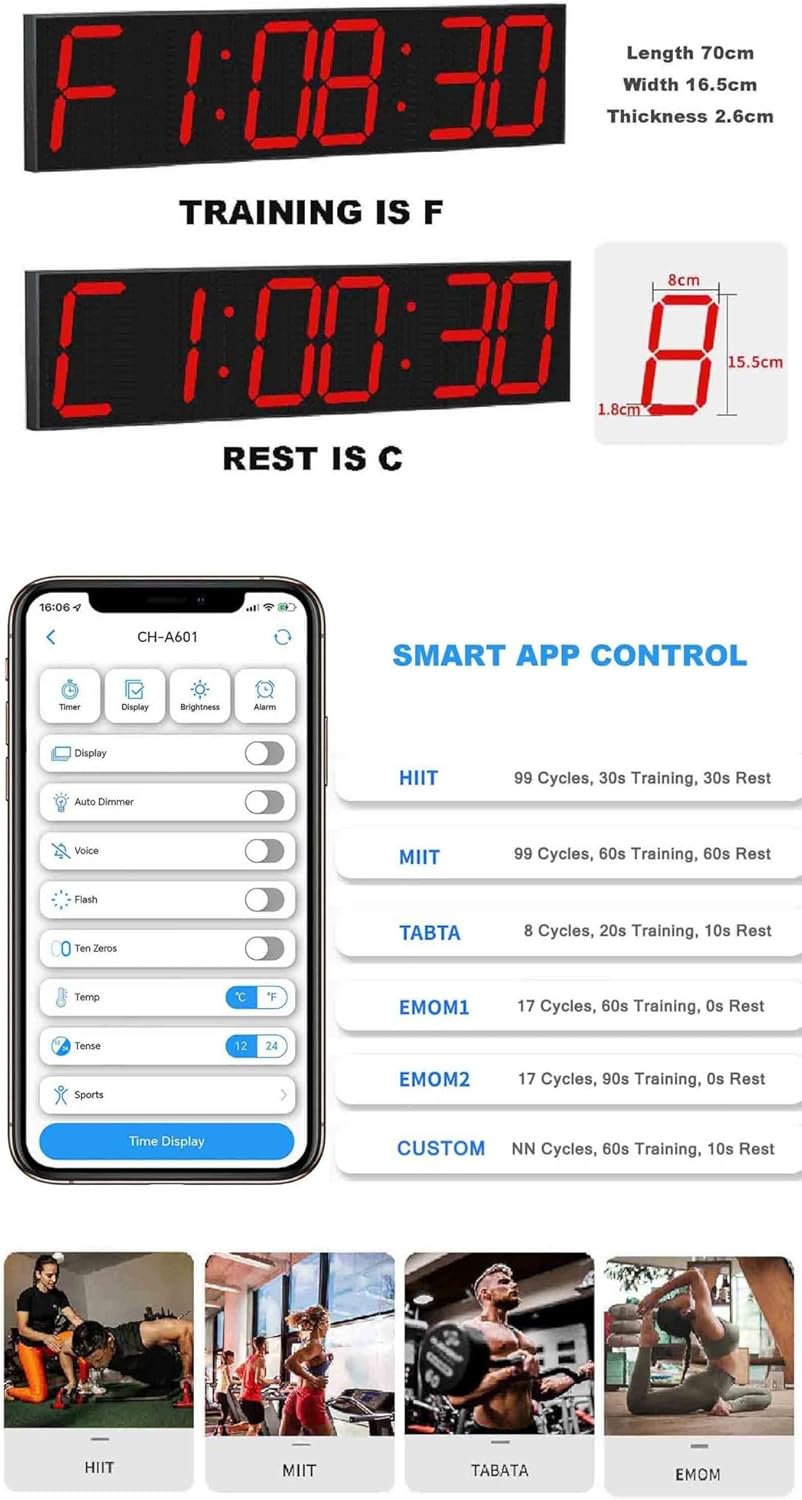 Oversize HIIT Interval Training Fitness Timer - APP Control, HIIT/MIIT/TABTA/EMOM1/EMOM2, Big WiFi LED Digital Wall Clock, Ideal for Gym Home Office Kitchen Sports Events