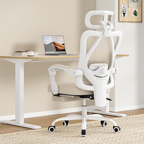 Farini Silla de oficina con reposacabezas, silla de oficina ergonómica de malla con reposapiés, silla de escritorio de respaldo alto con madera