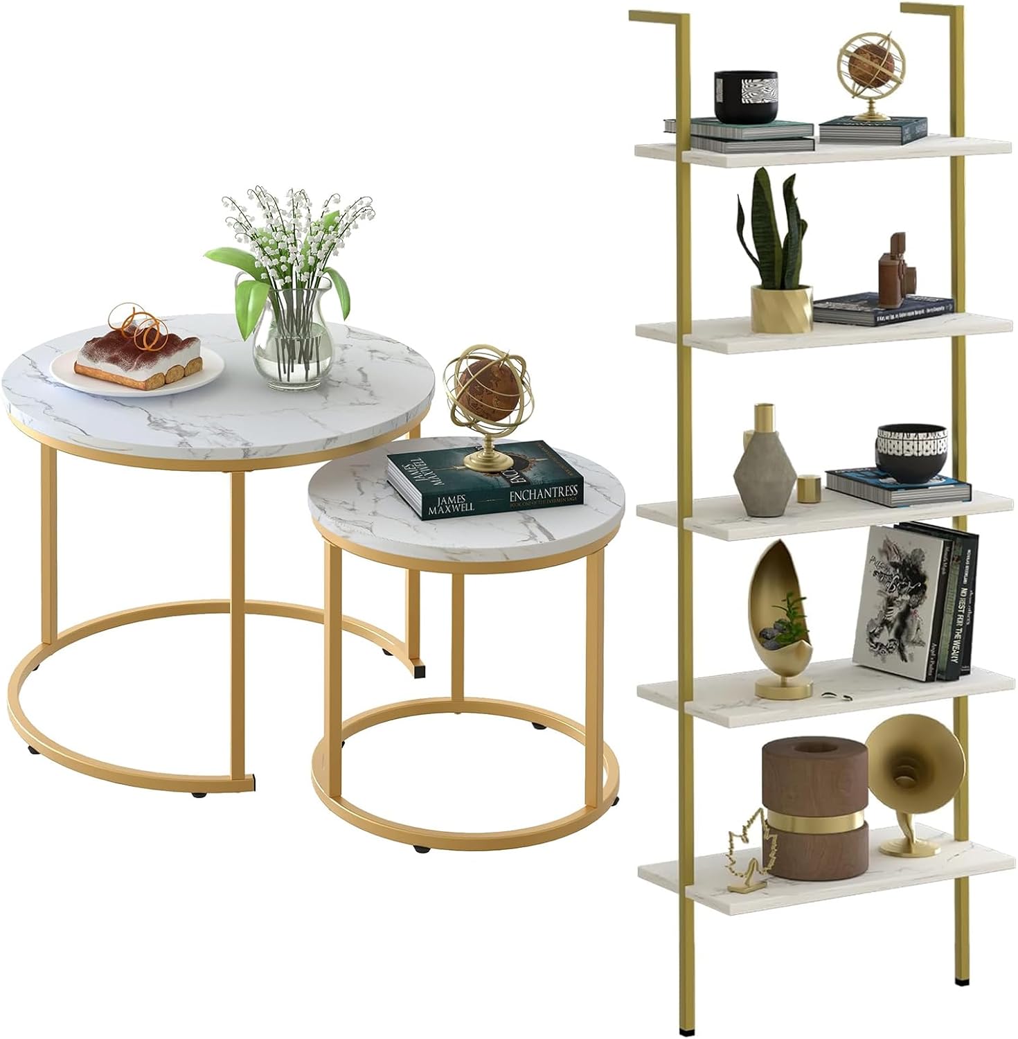 aboxoo Ladder Shelf White Marble Bookshelf 5-Tier Wall-Mounted Wood Rack Industrial Modern Plant Flower Stand Utility Organizer Open Bookcase Metal Frame Furniture Office Kitchen Bedroom