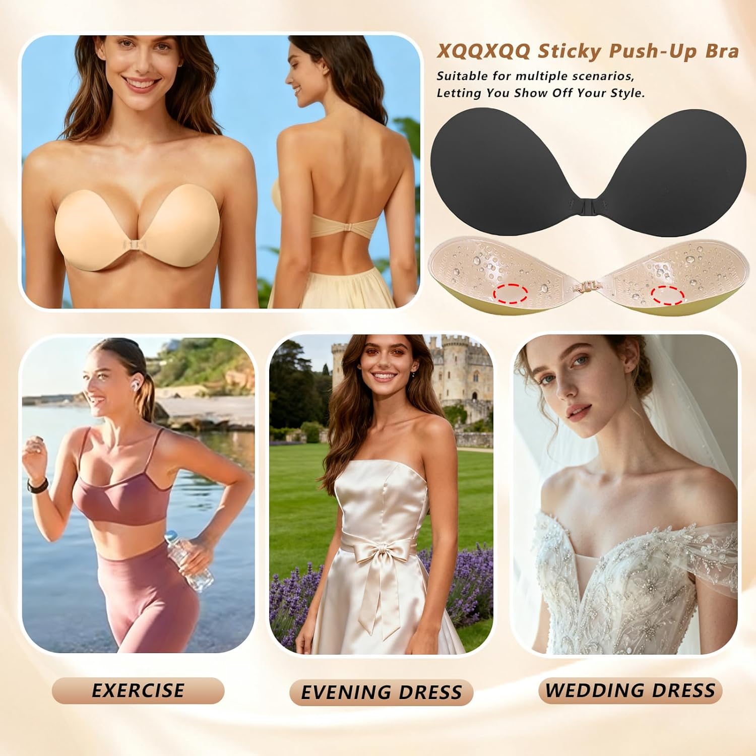 Cooling Adhesive Bra 2Pack - Push Up Strapless Backless Sticky Bra, Skin-Safe Reusable Invisible Bra for Women