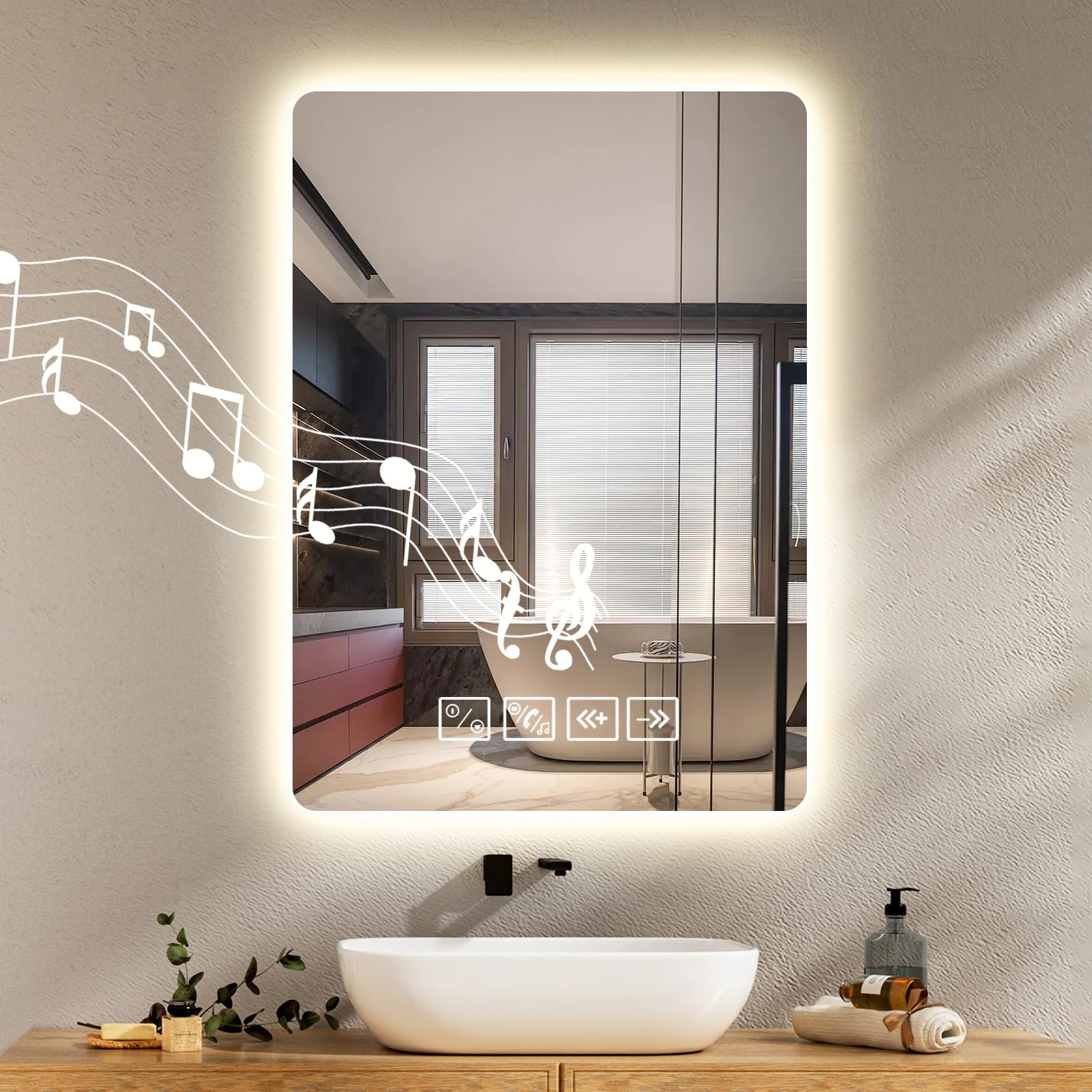Worshow Bathroom Mirror with LED Lights and Bluetooth, 70×50 cm Wall-Mounted Vanity Mirrors, LED Illuminated Backlit Mirror with Anti-Fog, 3 Colour Dimmable, Time, Memory Function, IP44 Makeup-Mirror