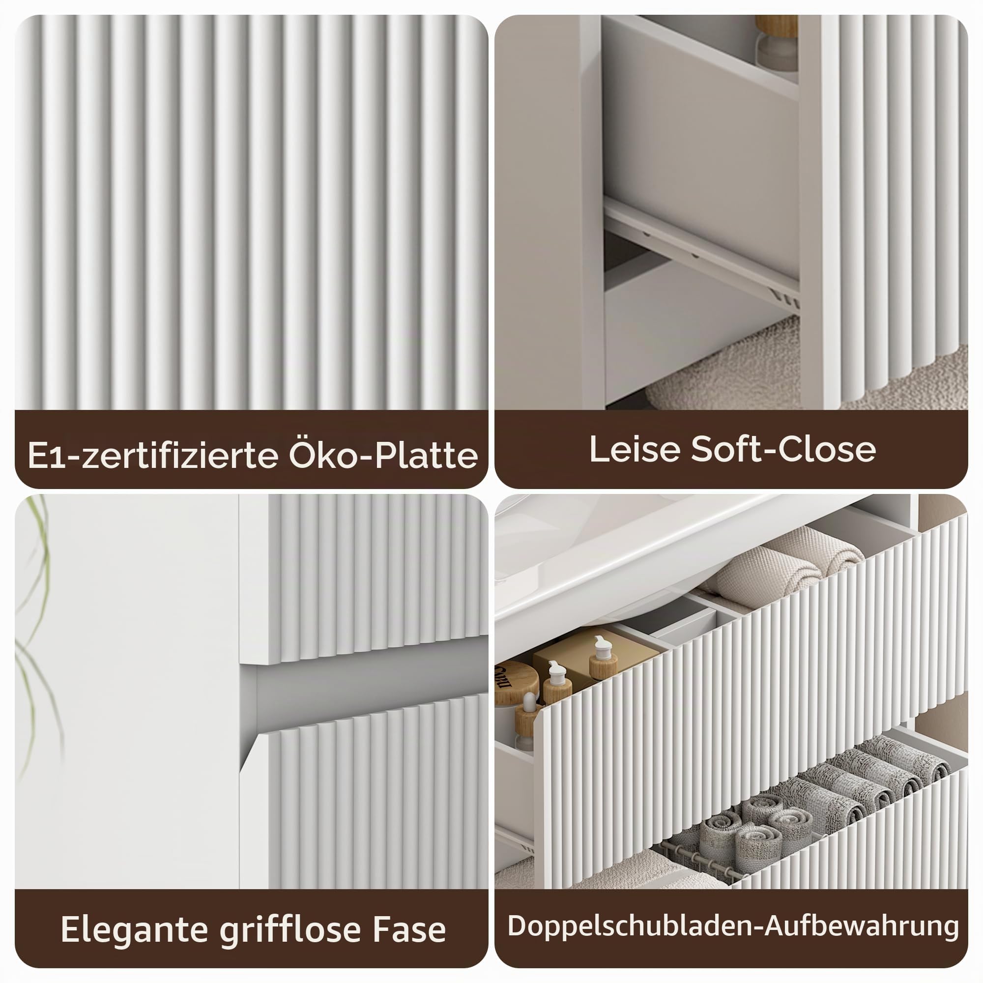 Waschtisch für Gäste-WC 60 cm, Hängender Waschbeckenunterschrank mit Keramik-Waschbecken, 2 Schubladen mit Rillenfront für kleine Bäder, Weiß