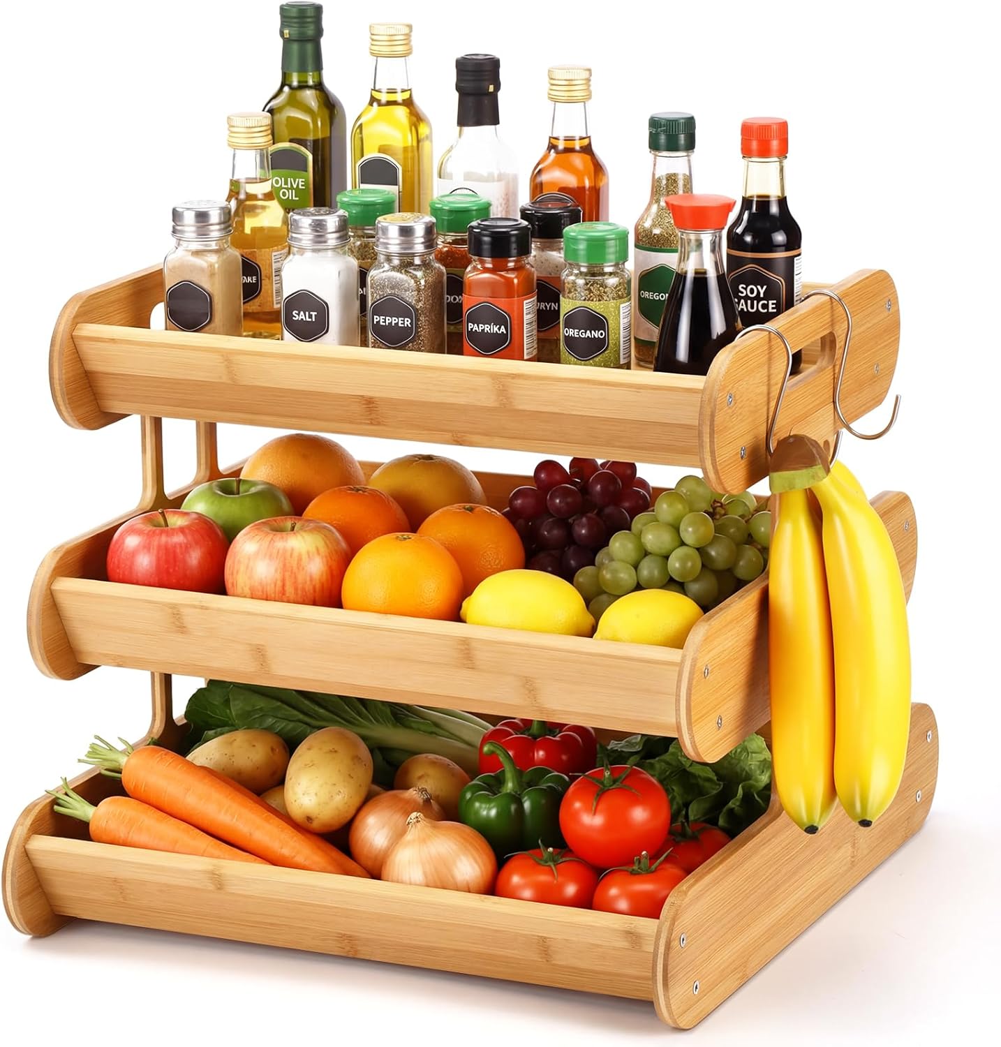 3 Tier Fruit Basket for Kitchen Counter, 16.5 inch Stackable Bamboo Fruit Bowl with Banana Hangers Holder Vegetable Storage for Onion Potato Vegetable Bread Snack Large Kitchen Organizer
