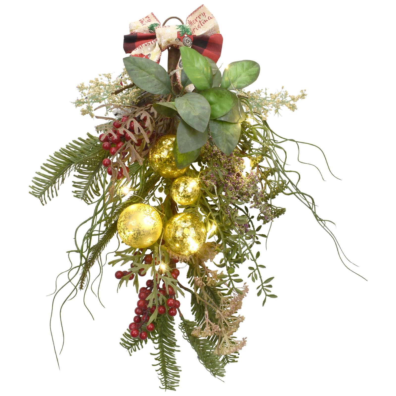 21.5" Christmas Wearths with Light for Front Door Decor, Xmas Decor with Christmas Ball and Ribbon, Pine & Red Berry, Bow for Home Door, Piano Room, Porch Window Wall