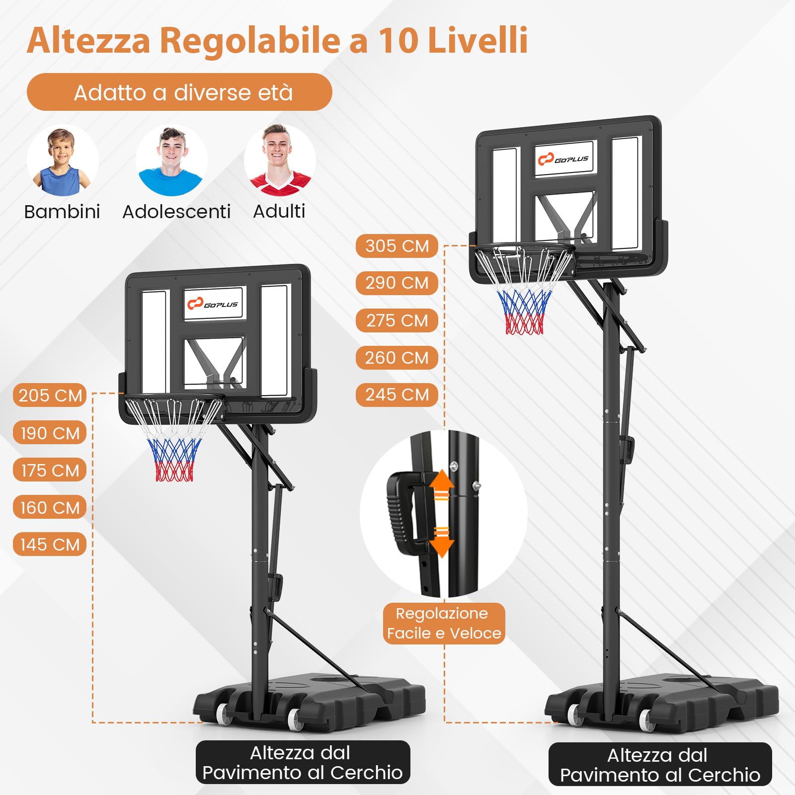 COSTWAY Canestro da Basket da Esterno, Canestro Basket Portatile e Regolabile in Altezza da 1,5 a 3 M con Tabellone in PC da 111 cm, Base Riempibile, Borsa per Pesi e Ruote