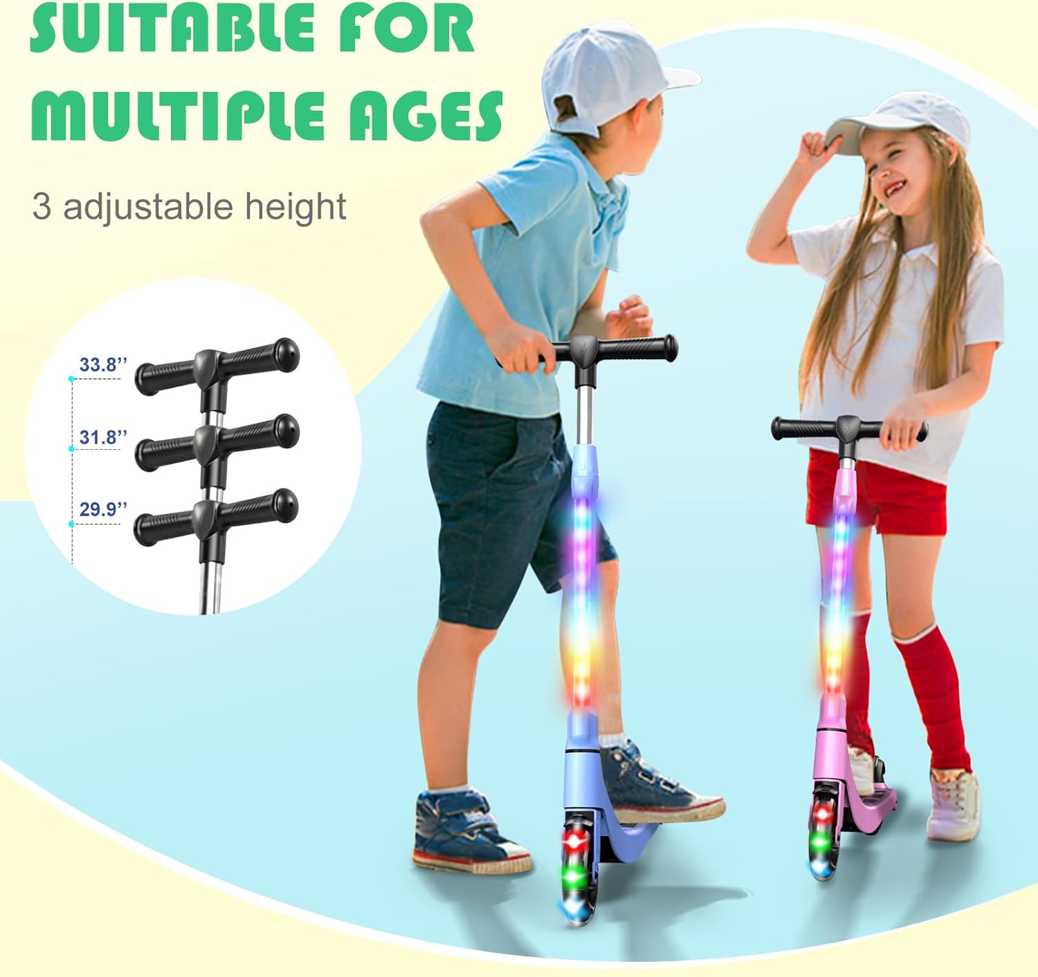 Electric Scooter for Kids Ages 6-12, Foldable Kick Scooter with Adjustable Height, 80W Motor, 6 MPH, Colorful LED Lights, Dual Brakes, Lightweight & Portable Design - Supports up to 140 lbs