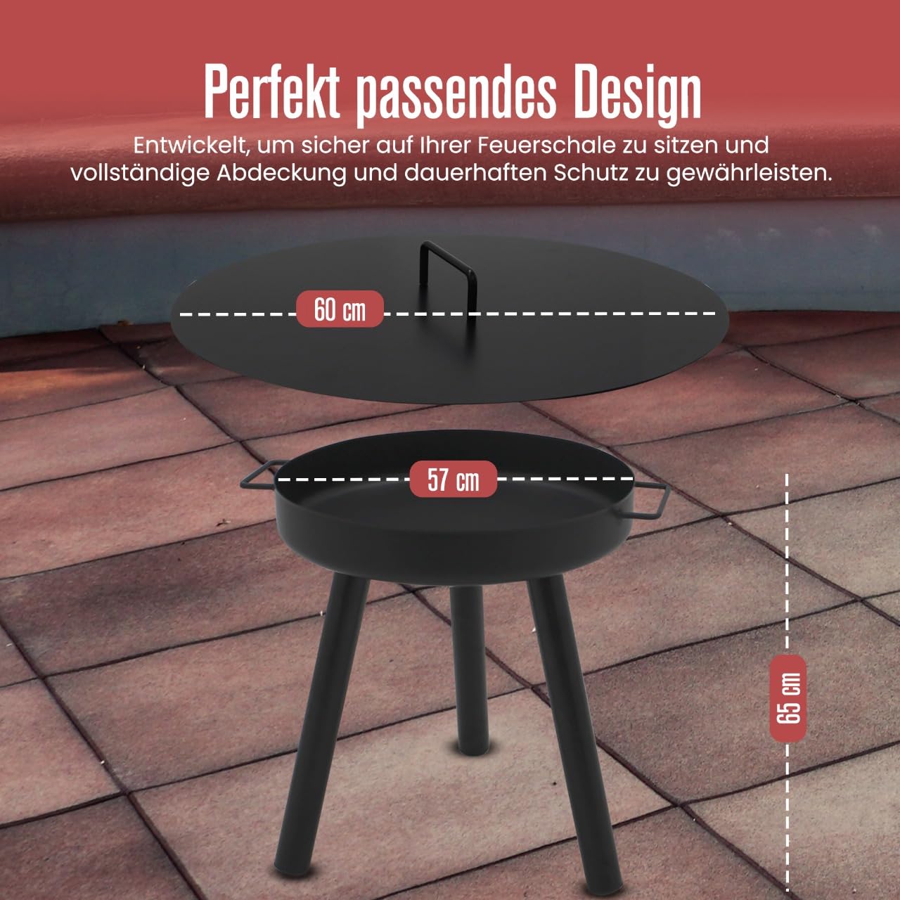 Abdeckung passend für Feuerschale Ø 60 cm, Abdeckung für Feuerstelle für den Garten, Terrasse und Balkon, Stahl,Schwarz