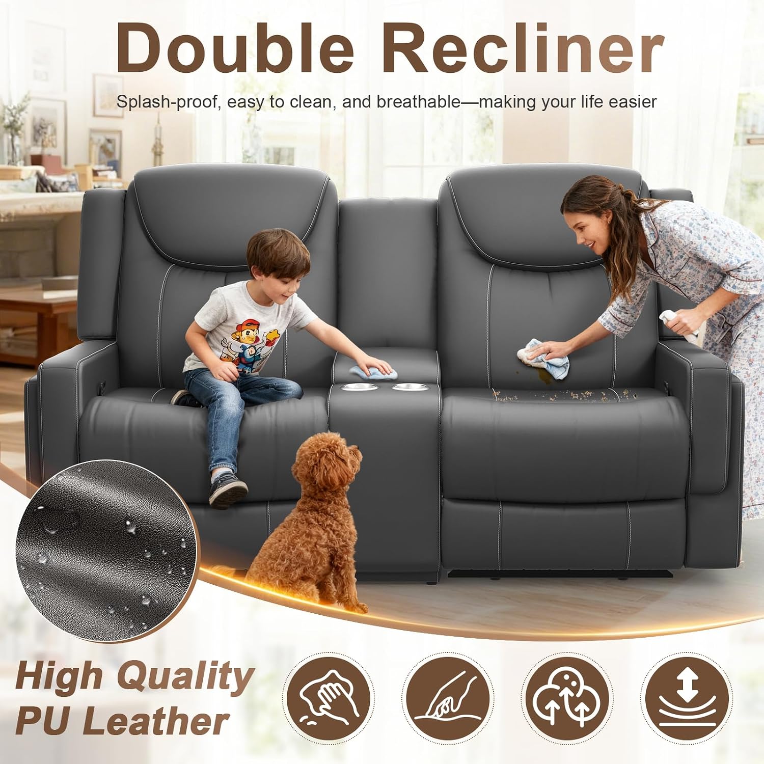 Gray PU Leather Double Recliner Loveseat with Console Cup Holders Storage & USB Ports