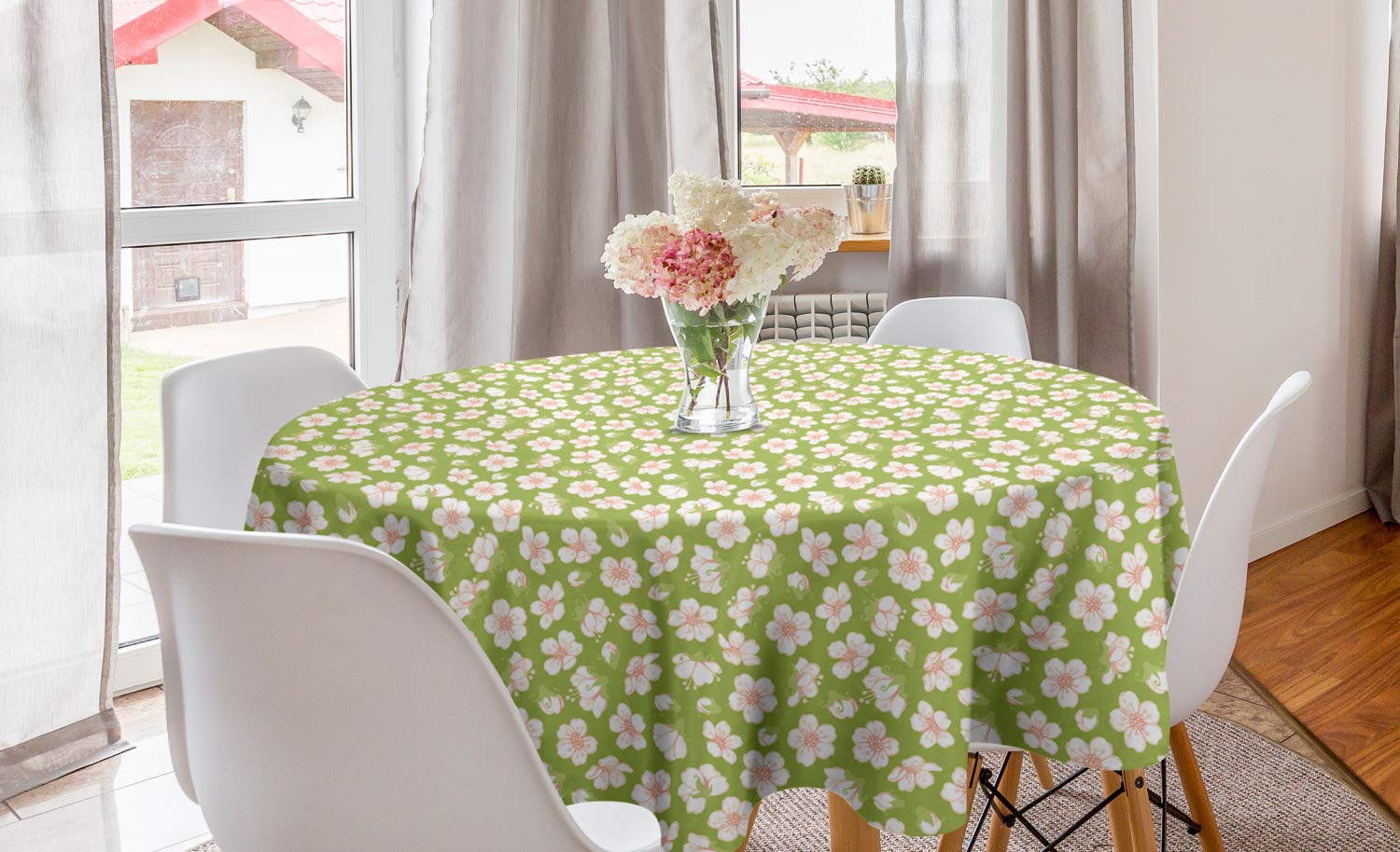 LunarableFloral Round Tablecloth, Apple Tree Flowers Spring Blossoms Pastel Tone Print, Circle Table Cloth Cover for Dining Room Kitchen Decoration, 60", Blue Green