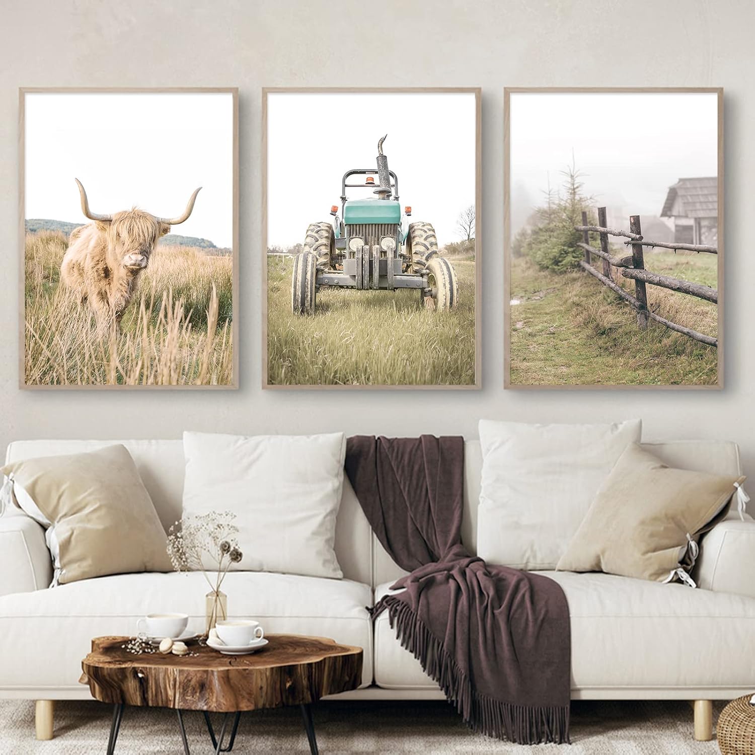 Neutral Landscape Artwork Modern Farmhouse Botanical Prints Wheat Wall Art Black Cow Picture Farm Windmill Picture Rustic Farmhouse Prints Hay Bales Wall Art Farmhouse Artwork 16x24inchx3 Frameless