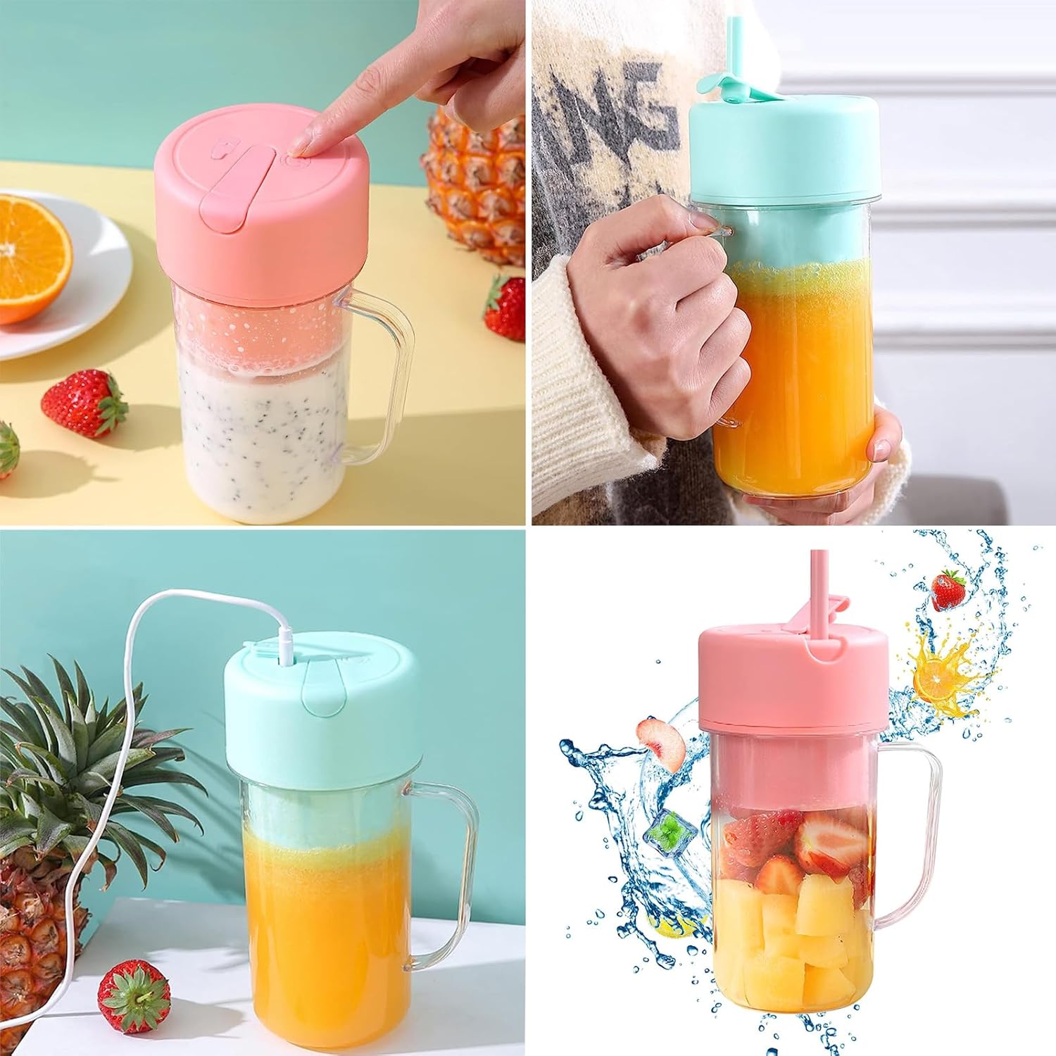 Small Portable Blender 420ML Electric Juicer Fruit Mixers Rechargeable Blender Small Juicer with Handle Waterproof Juicer Machine (Green)