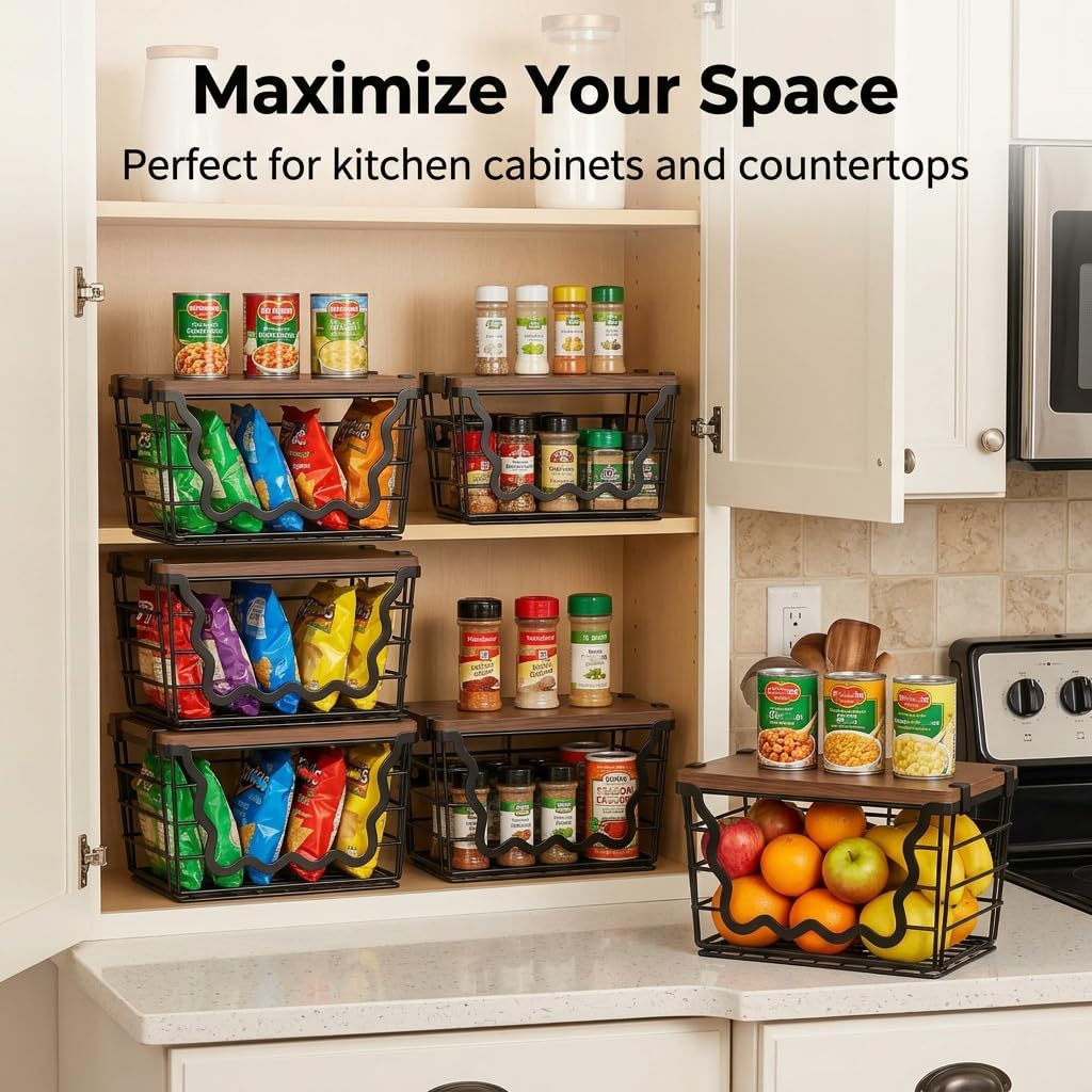 Stackable Potato and Onion Storage Bins, Wave Metal Wire Baskets Kitchen Pantry Organizers, Vegetable Fruit Storage Baskets