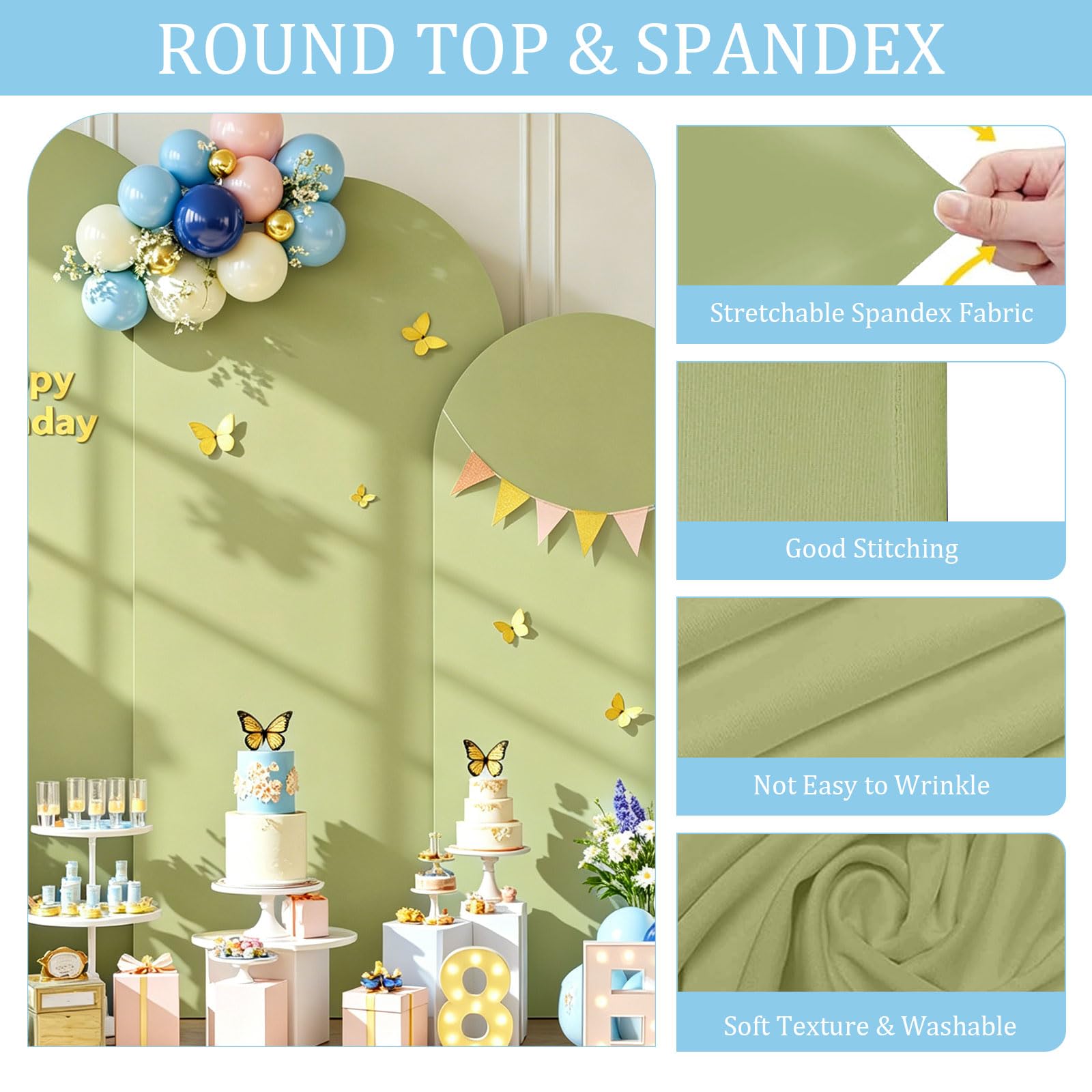 Arc de fond - Toile de fond double face avec dessus rond, fond photo pour mariage, anniversaire, cérémonie, fête et banquet (vert, lot de 3)
