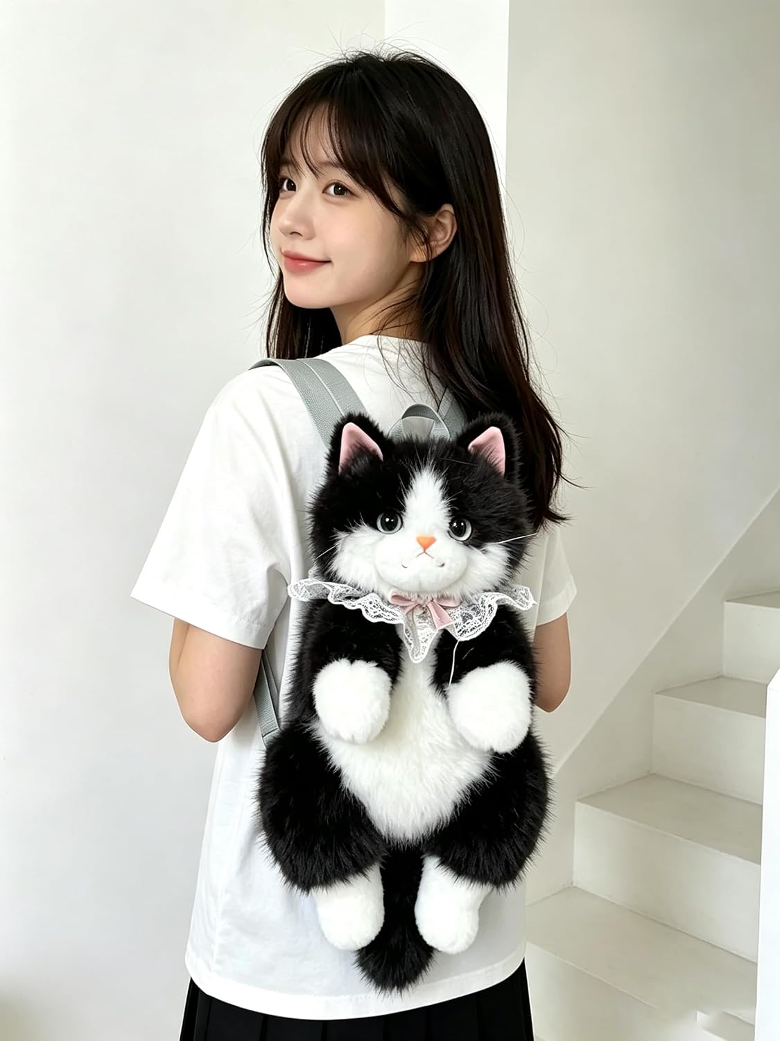 Faux fur cat backpack, handmade plush backpack, kitten crossbody bag, birthday gift shoulder bag(Black)