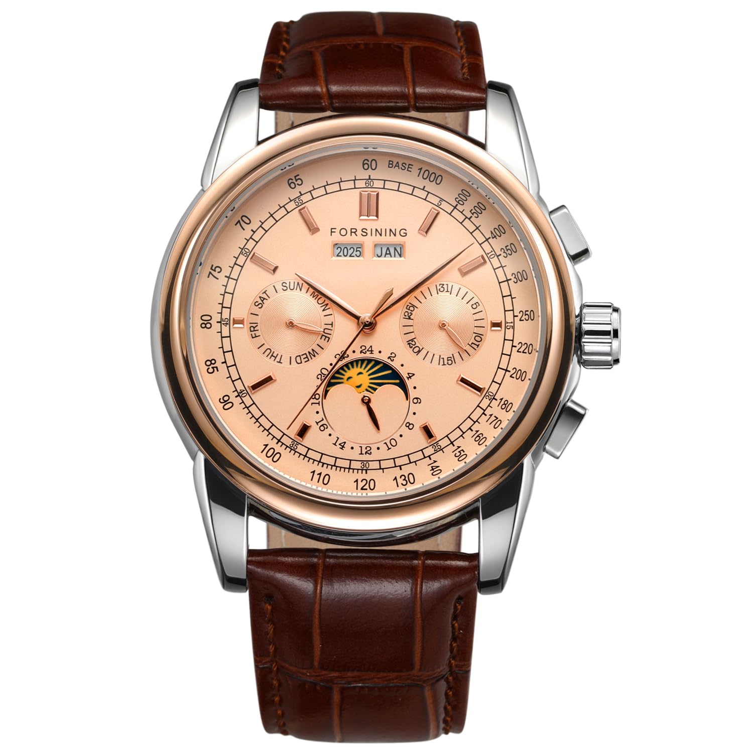 Forsining FSG319M3T2 Montre pour homme automatique avec phases de lune et bracelet en cuir