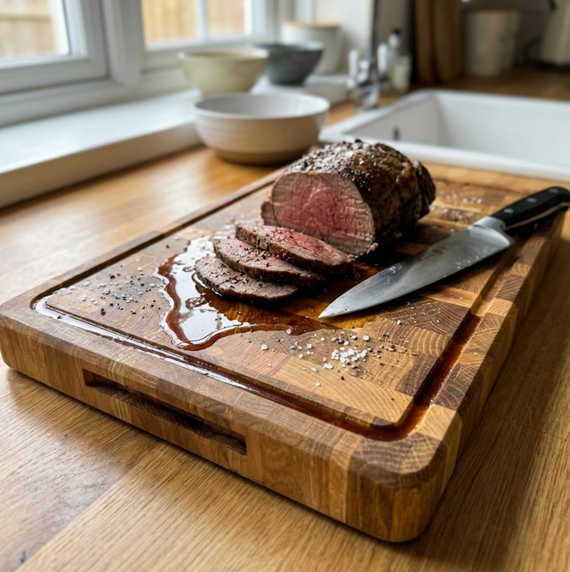 Massives Stirnholz Schneidebrett aus Eiche 44x29x4 cm – Extra Dickes Hackbrett mit Saftrille, Profi Küchenbrett für Fleisch, Holz Schneidebrett