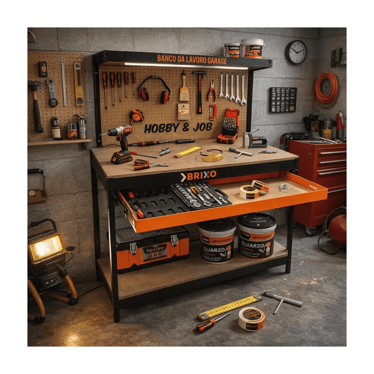 Brixo - Banco da lavoro in legno, con cassetto forato, 120 x 60 x 150 cm