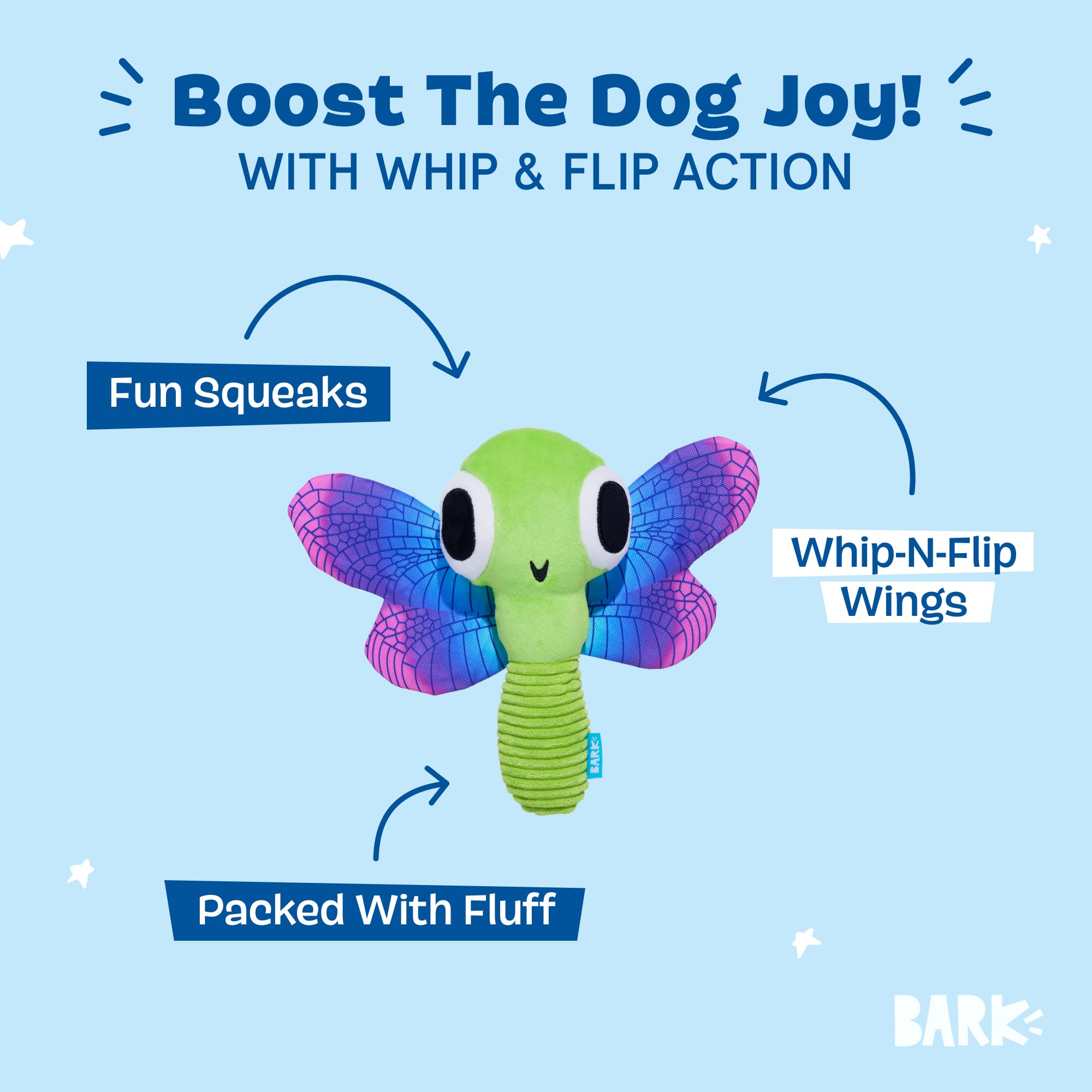 BARK Dog Toy Dragonfly Guy Squeaky Plush Toy for Dogs Crazy Crinkle, Packed with Fuff, Whip-N-Flip Wings for Thrashing & Flinging - Image 2