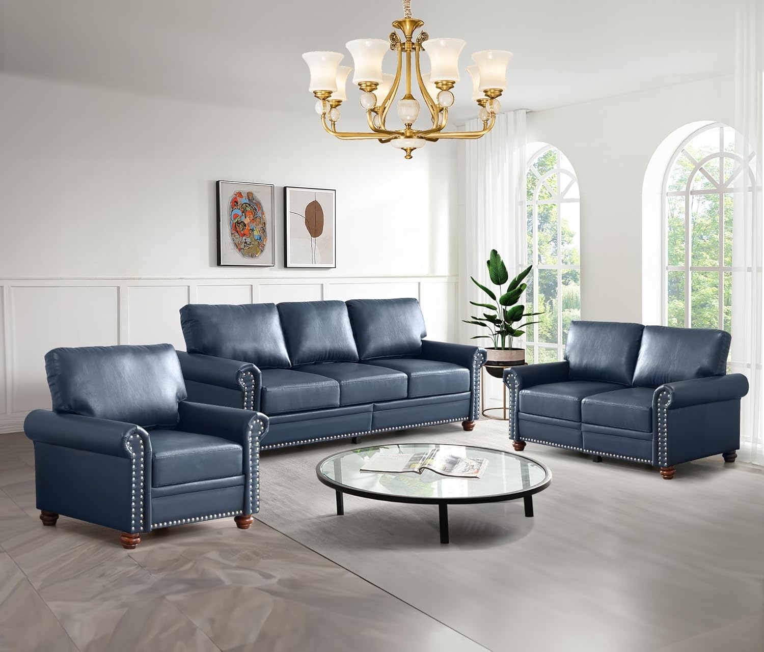 Antetek 2-Piece Comfy Upholstered PU Leather Sofa Couch Set, Mid-Century Modern Loveseat Sofa+3 Seater Couch with Storage Space for Living Room, Furniture Set, Navy Blue