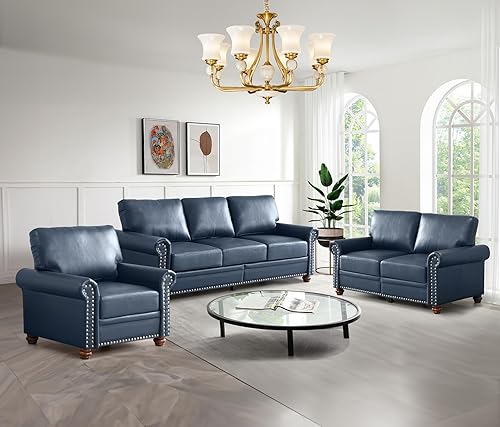 Miniatura 9 de Antetek Juego de sofá de piel sintética de 3 piezas, sillón moderno de mediados de siglo+sofá biplaza+sofá de 3 plazas con espacio de Marrón,Negro