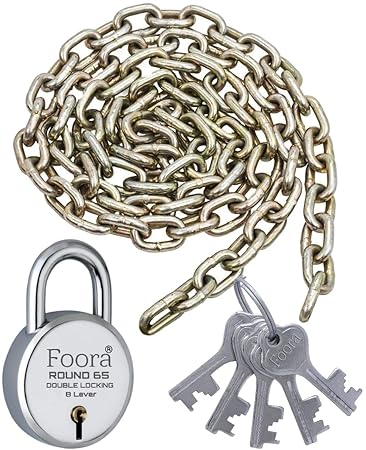 Foora Heavy Iron Double Locking Chain Round 65 Lock with 5 Keys (3 Feet, Silver)