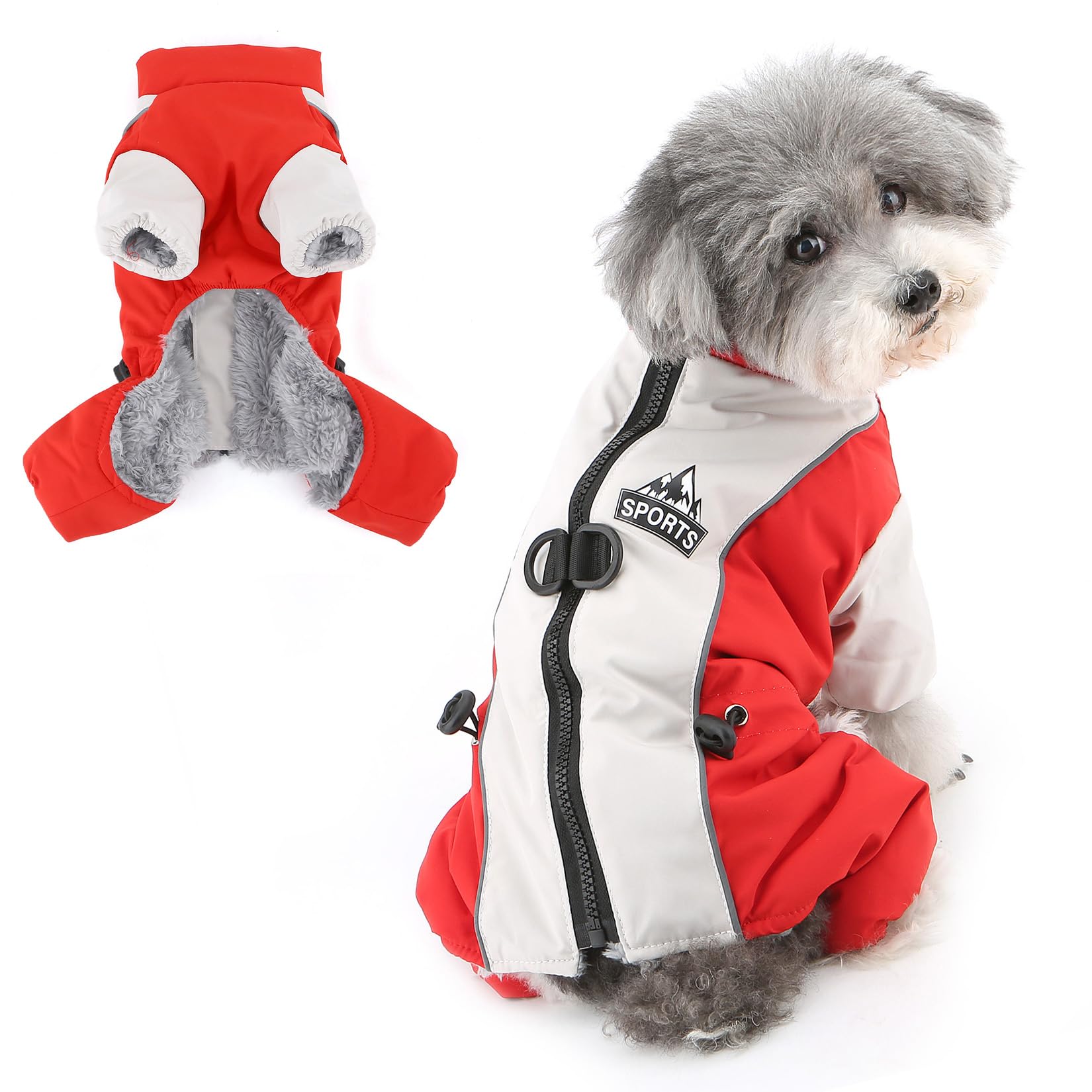 Ranphy Fleece Lined Dog Coat for Small Dogs Soft Waterproof Puppy Jumpsuit with Double D-Ring Reflective Colorblock Pet Jacket Warm Adjustable Winter Snowsuit Chihuahua Yorkie Cat Clothes Red L
