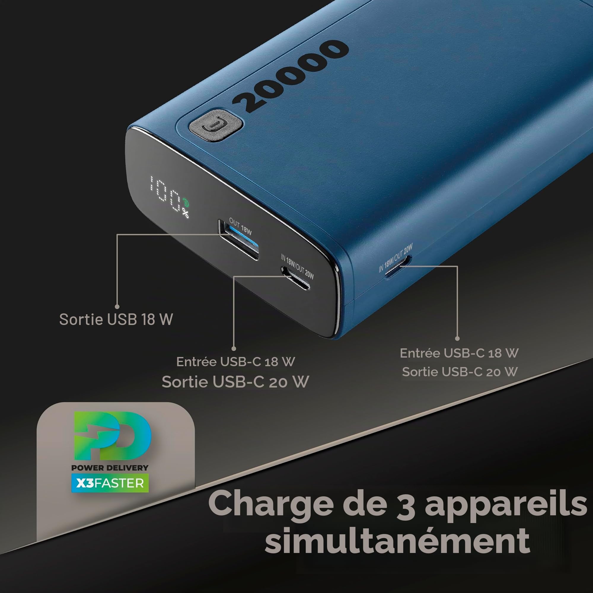Cellularline - Elite 20000 - Chargeur Portable - Capacité de 20 000 mAh - +144 Heures de Charge supplémentaire - 1 x USB Output : 18 W Adaptive Technology - 2 x USB-C Entrée : 18 W/Sortie : 20 W PD -
