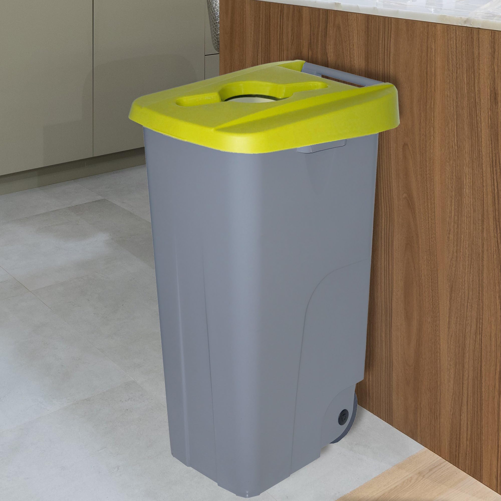 Contenedor de Residuos Reciclo 110L Amarillo con Tapa Abierta y Ruedas – Plástico Resistente, Encajable, Asa Ergonómica, Ideal para Envases y Colectividades | Denox