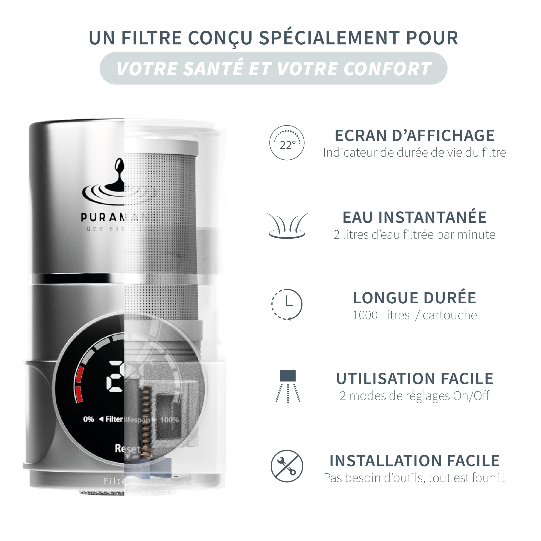Marque Française: Filtre Eau Robinet Cuisine, Purificateur d'eau à Charbon Actif, Écran LED, Filtre à eau UV, Filtration instantanée Anti Calcaire, système avec une Cartouche Filtrante